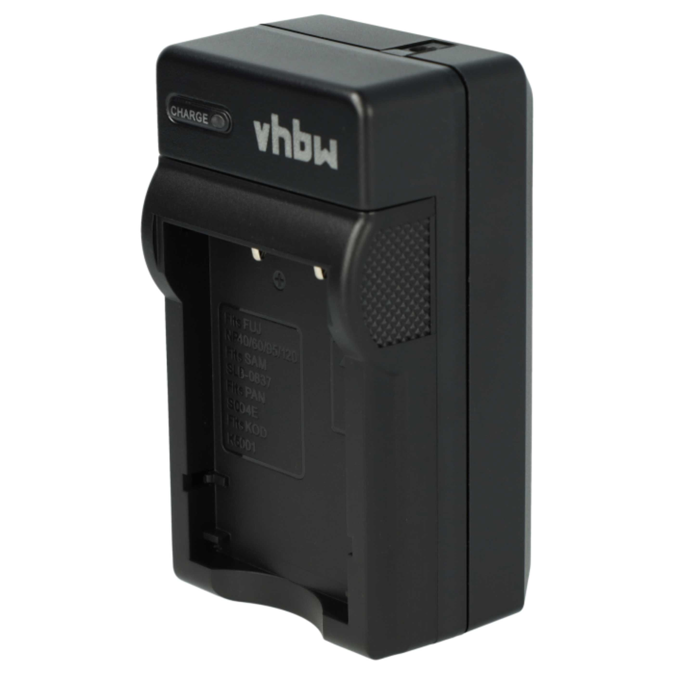 Schwarzes vhbw-Batterieladegerät. Zeigt 'CHARGE' und Produktinformationen. Es hat einen Steckplatz für einen Akku.