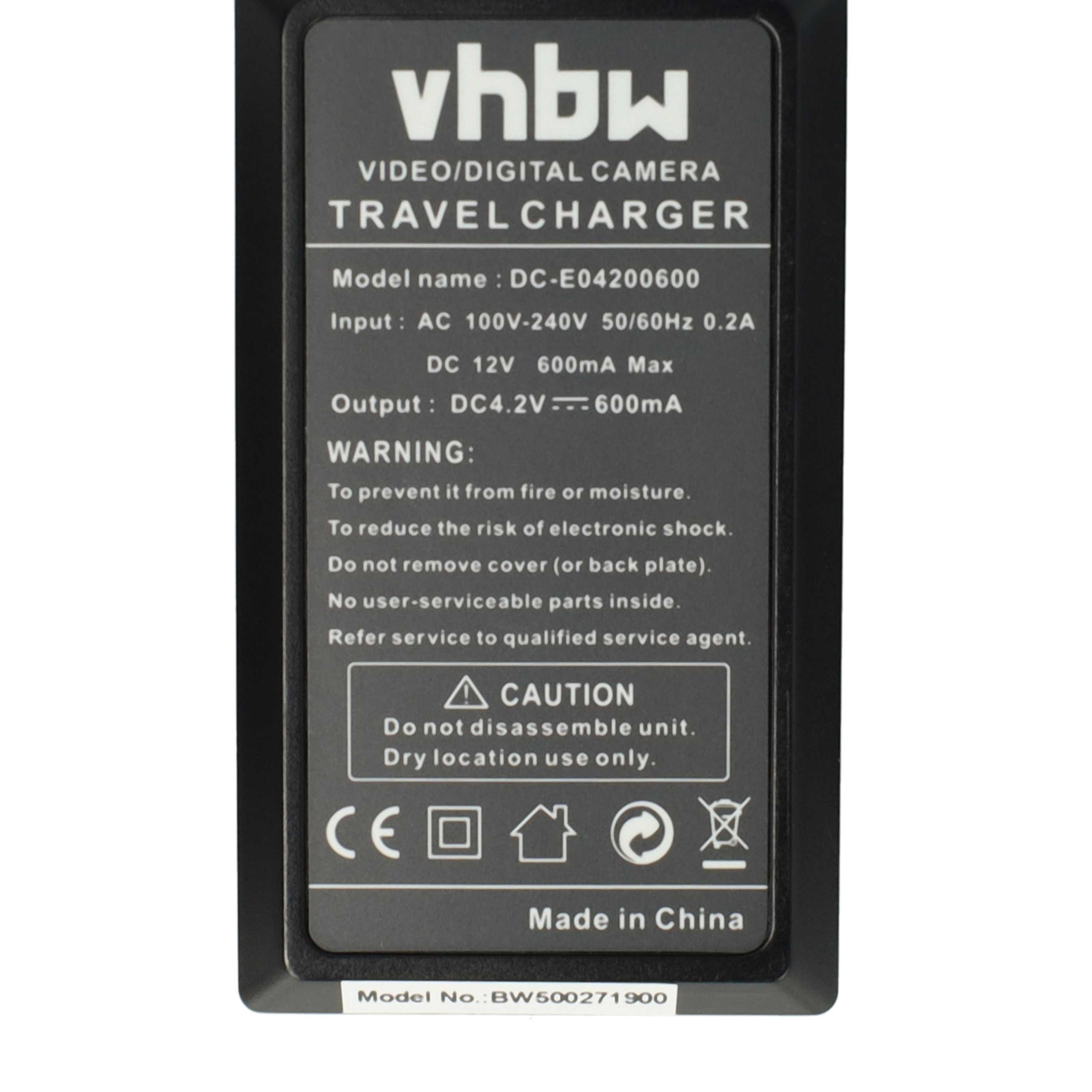 Ein schwarzes Ladegerät mit weißem Text. Es hat das vhbw-Logo und technische Daten.