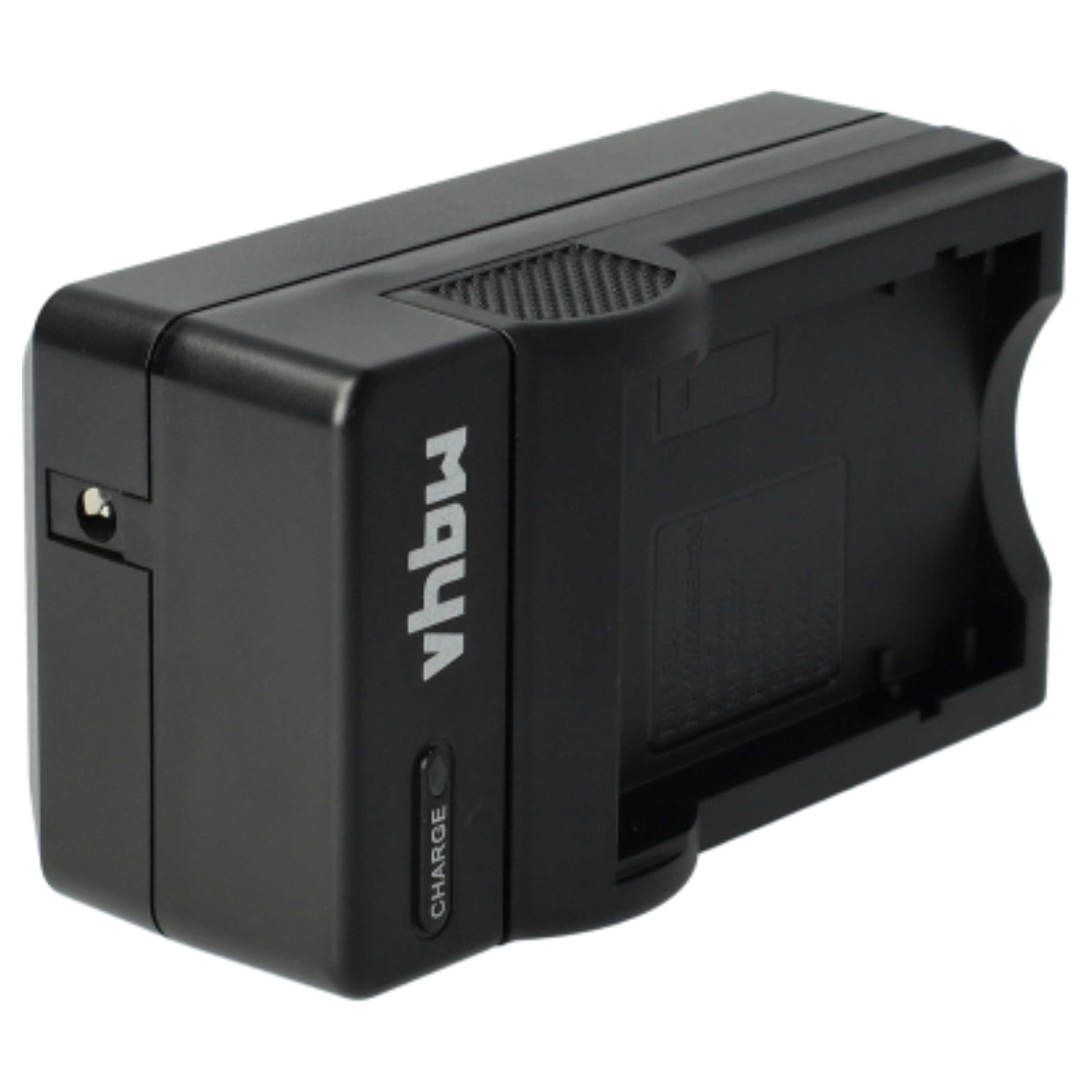Ein schwarzes Batterieladegerät mit dem Aufdruck 'vhbw' und 'CHARGE'. Es hat eine Ladeanzeige und einen Stromeingang.
