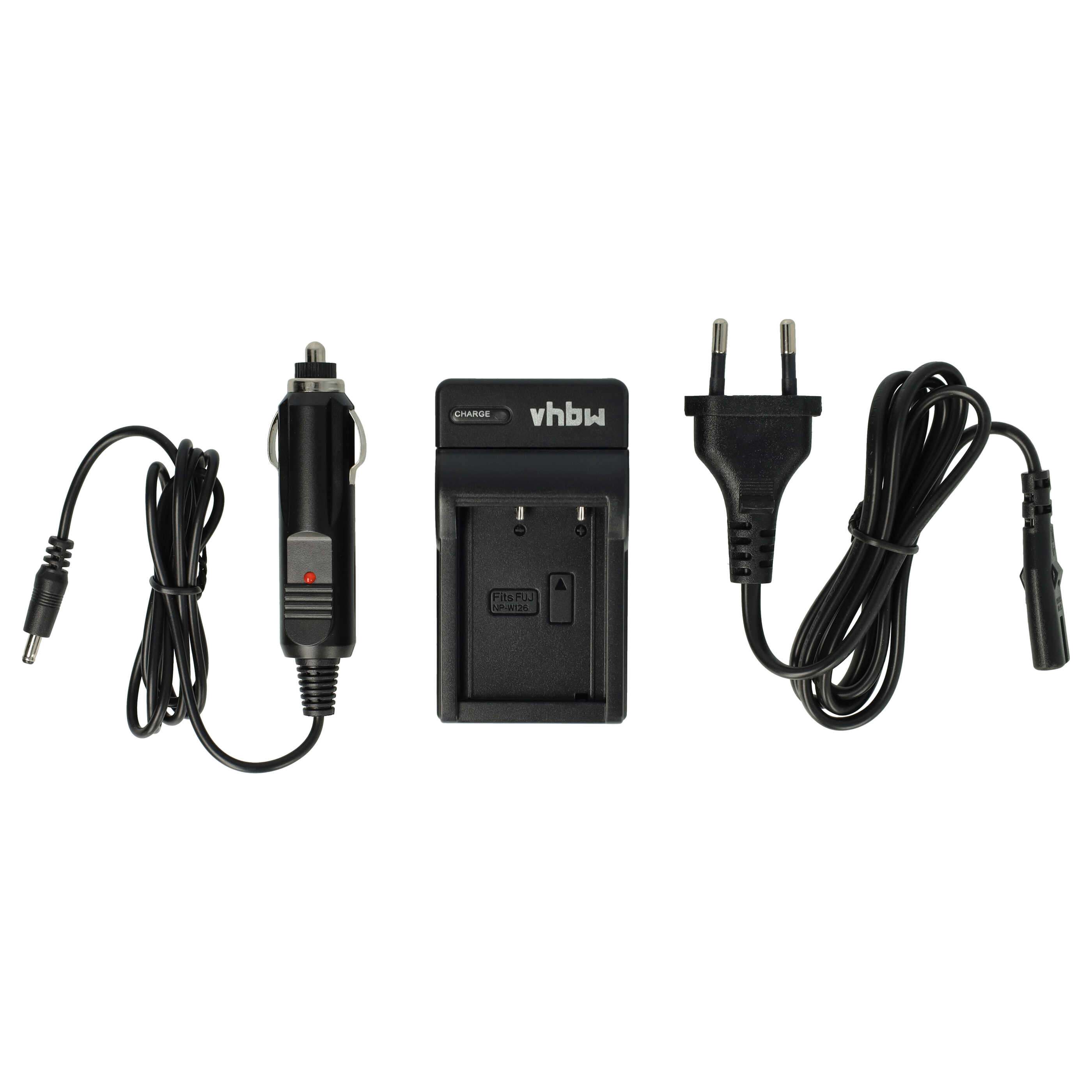 Ein schwarzes Ladegerät-Set mit Autoadapter, Ladestation und Wandstecker. Das Ladegerät hat den Markennamen vhbw.
