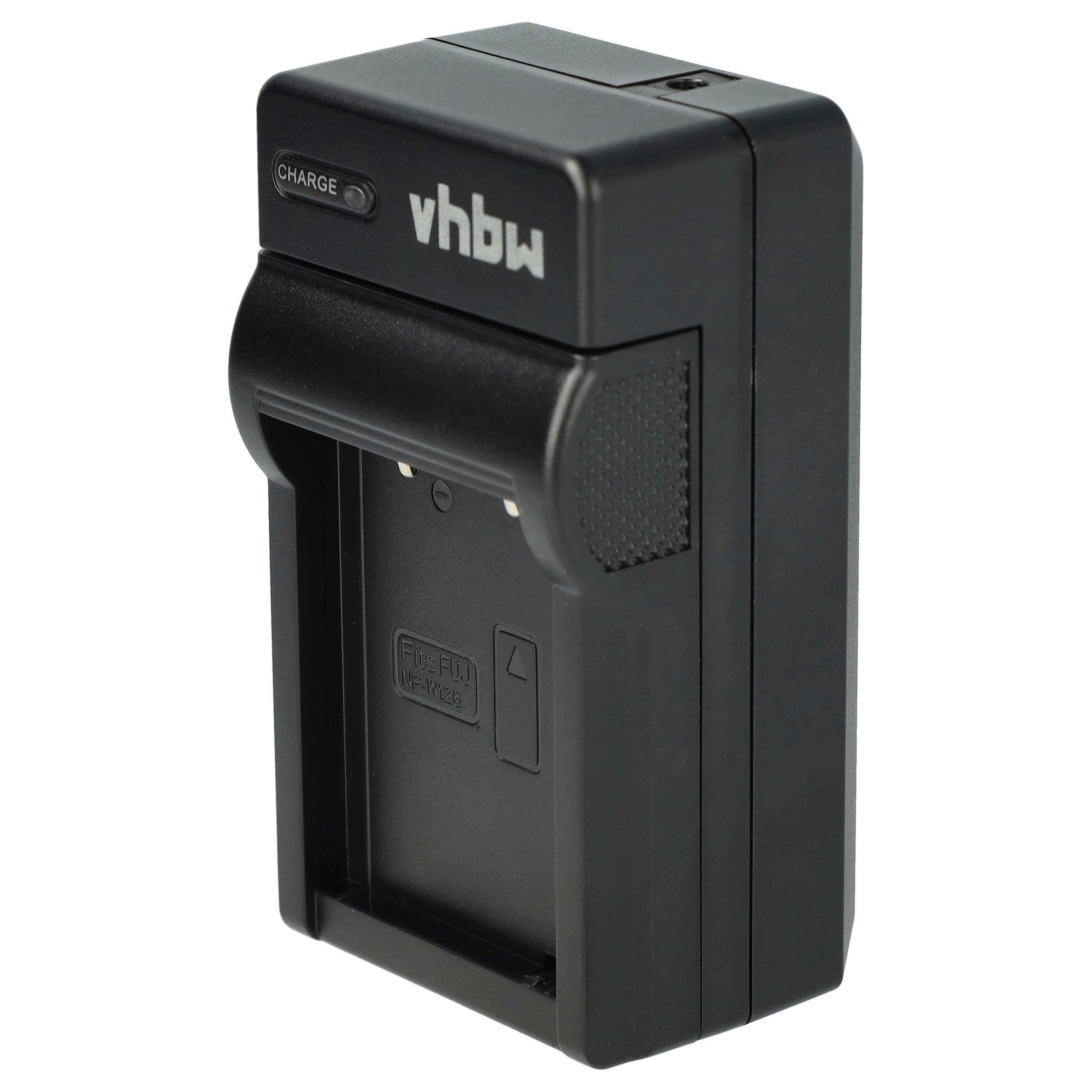 Schwarzes Vhbw-Kamera-Ladegerät mit dem Text 'CHARGE' und 'Fits FUJ NP-W126', isoliert auf weißem Hintergrund.