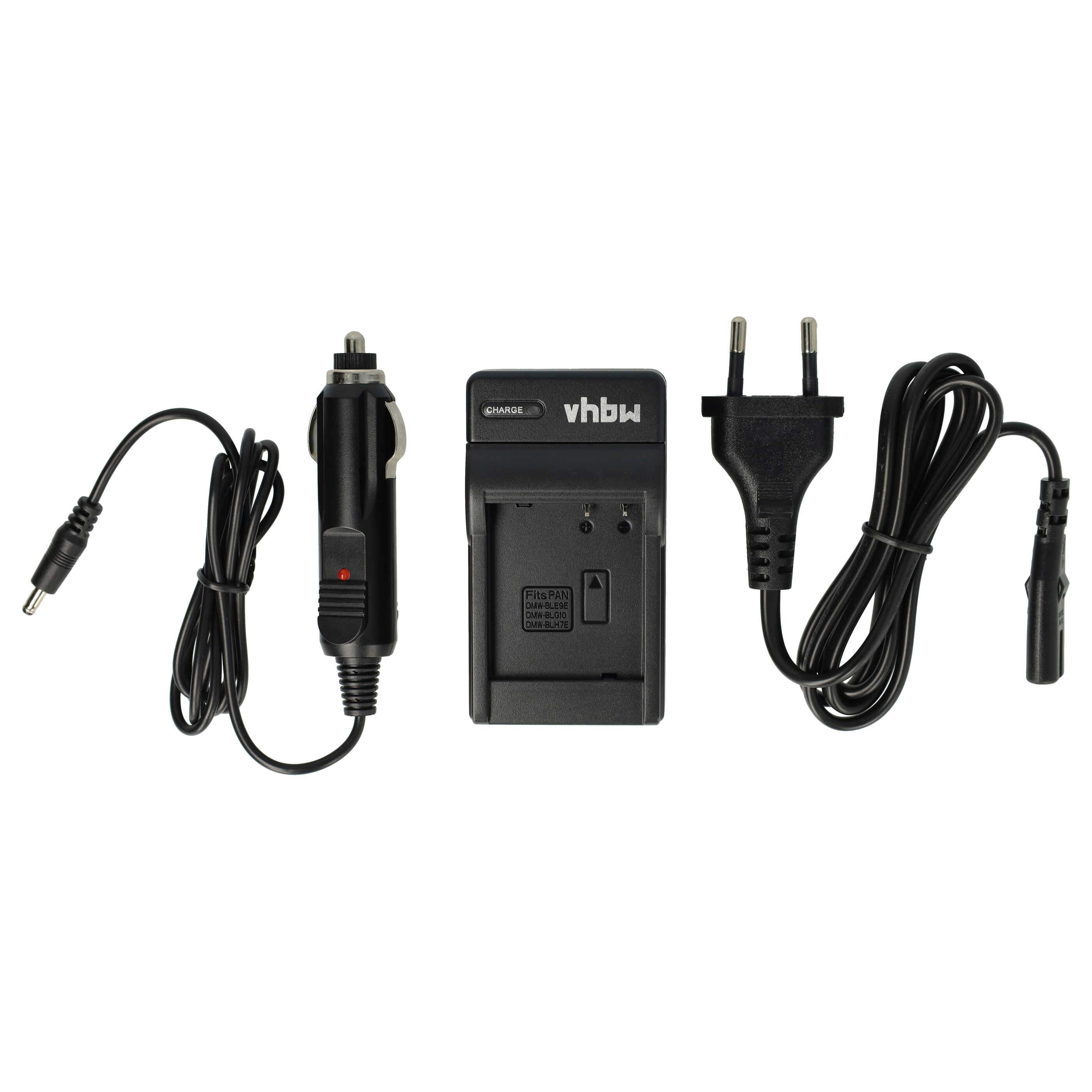 Drei schwarze Netzadapter auf weißem Hintergrund. Enthält ein Autoladegerät, ein Batterieladegerät und einen Stecker.