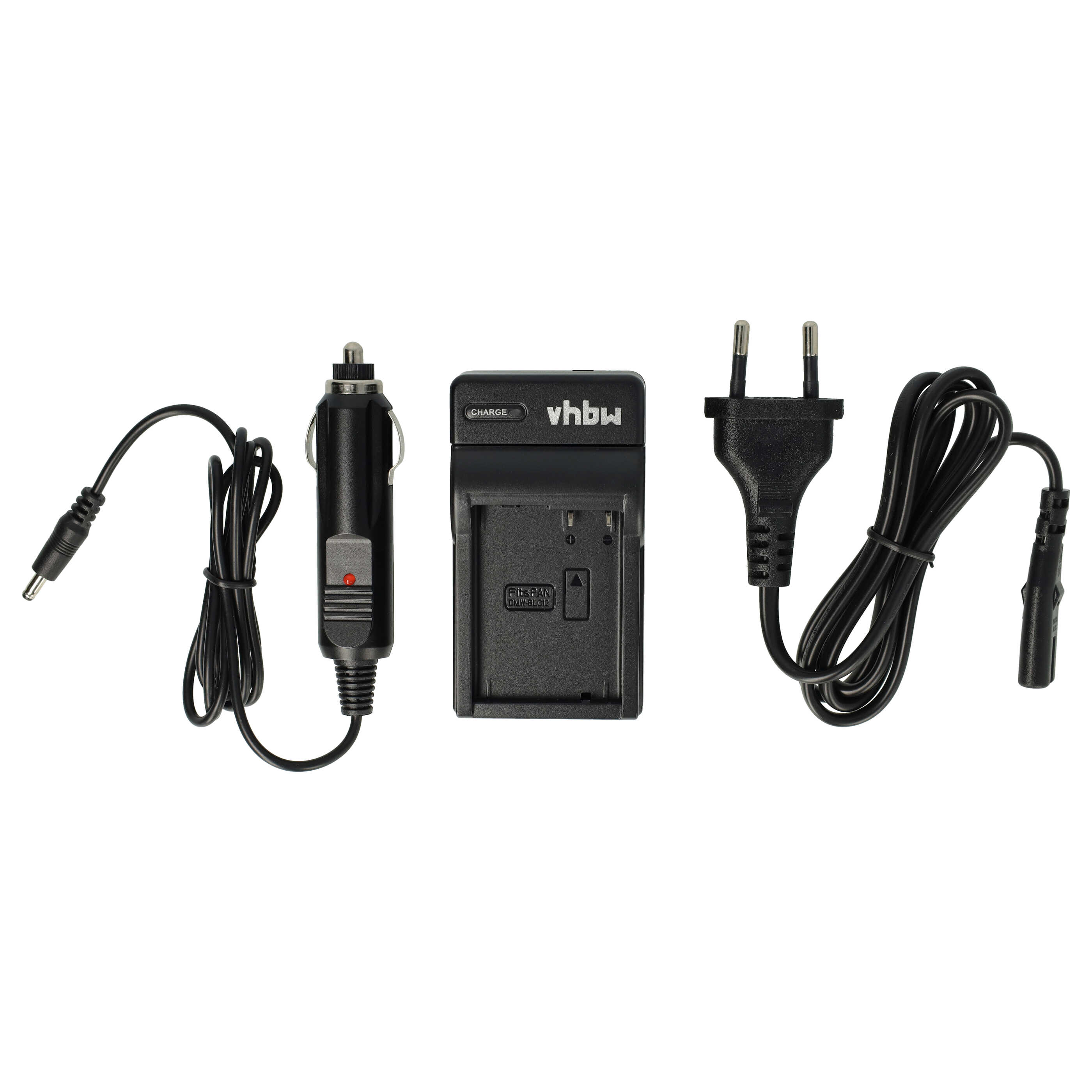 Drei schwarze Ladegeräte: ein Autoladegerät, ein Batterieladegerät und ein Netzteil mit Stecker. Alles auf weißem Hintergrund.