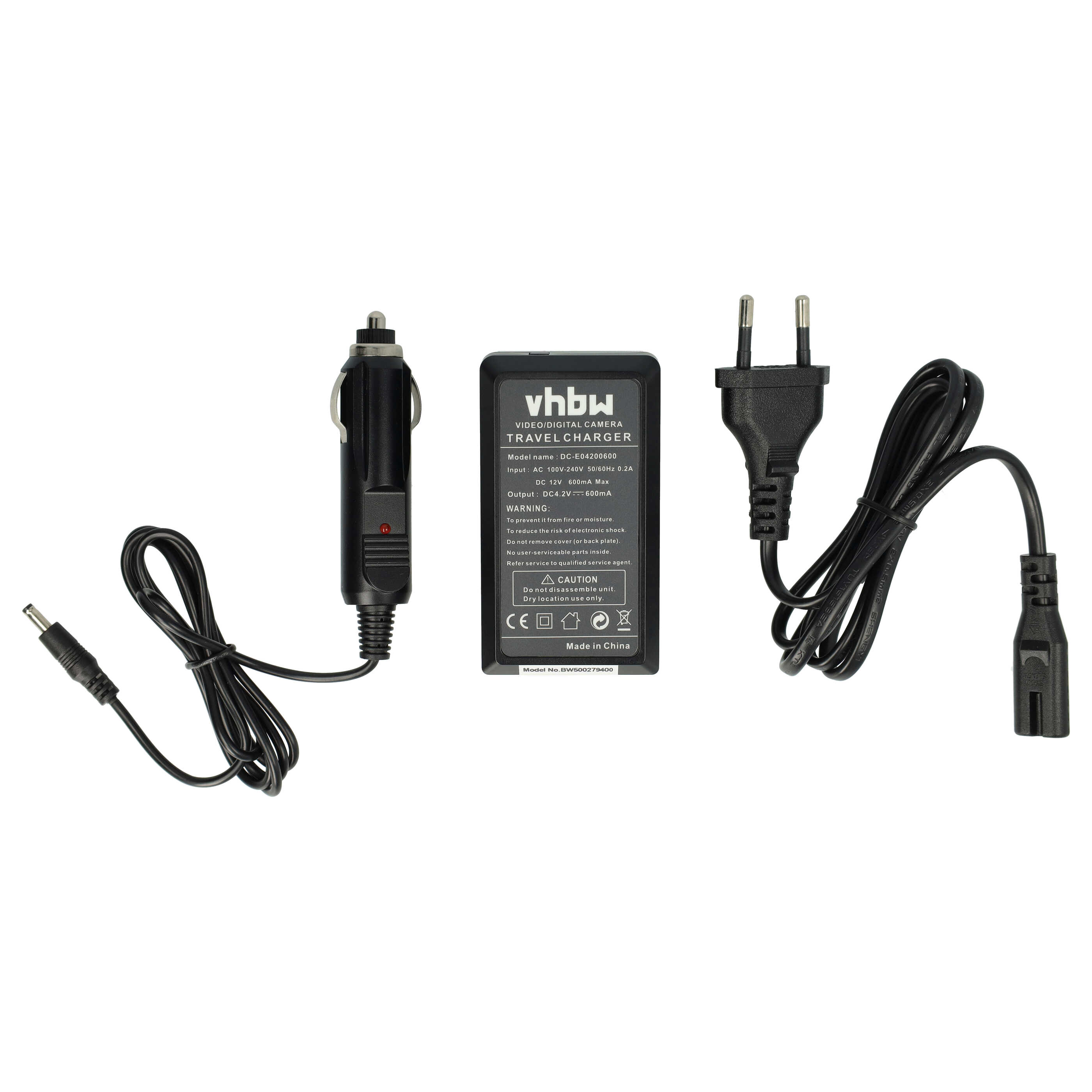 Ein schwarzes Reise Ladegerät mit Autoadapter, Netzstecker und Ladeanschluss. Das Ladegerät hat Text.