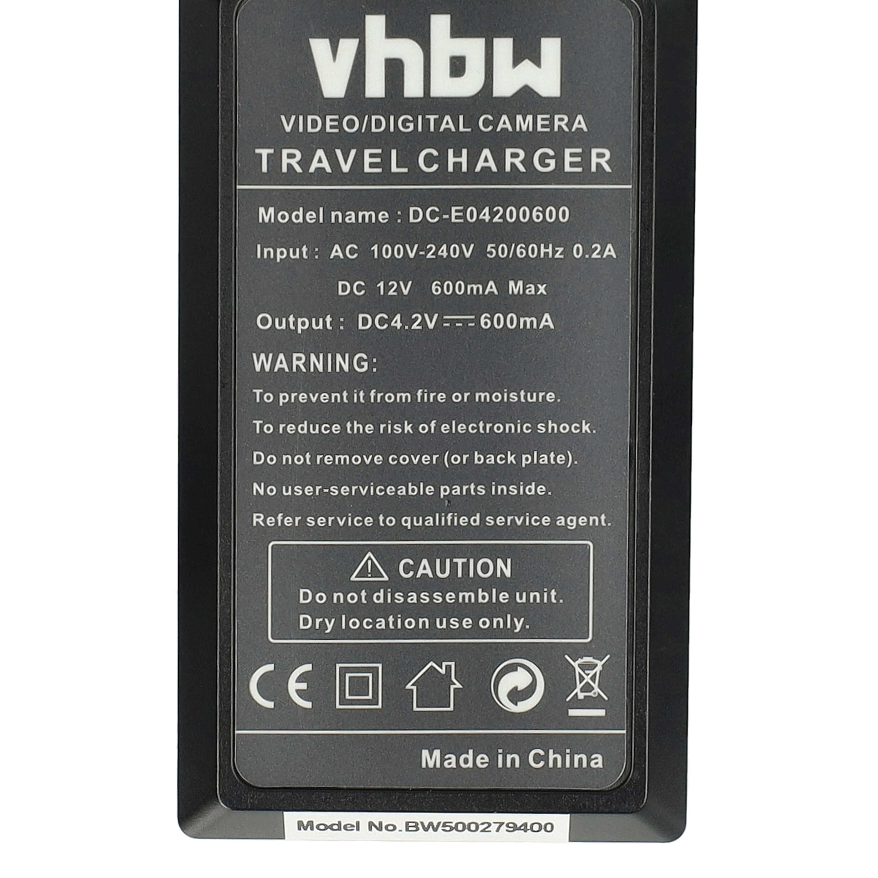 Schwarzes Ladegerät mit weißem Text. Es zeigt vhbw, Video/Digital Camera Travel Charger, Modellnummer, Eingangs- und Ausgangswerte.