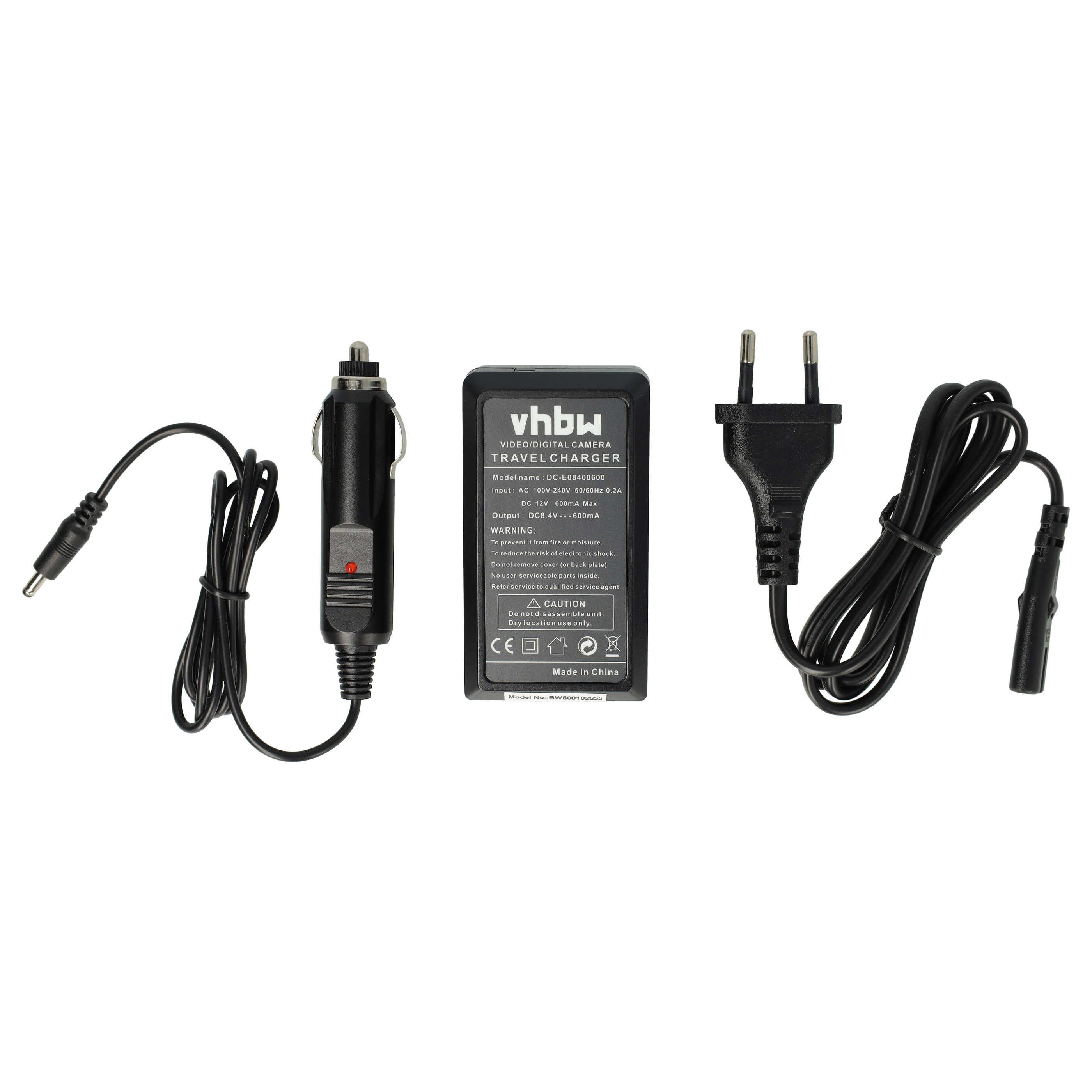 Ein Reiseladegerät für eine Videokamera, mit Autoadapter, Netzstecker und Ladeblock.