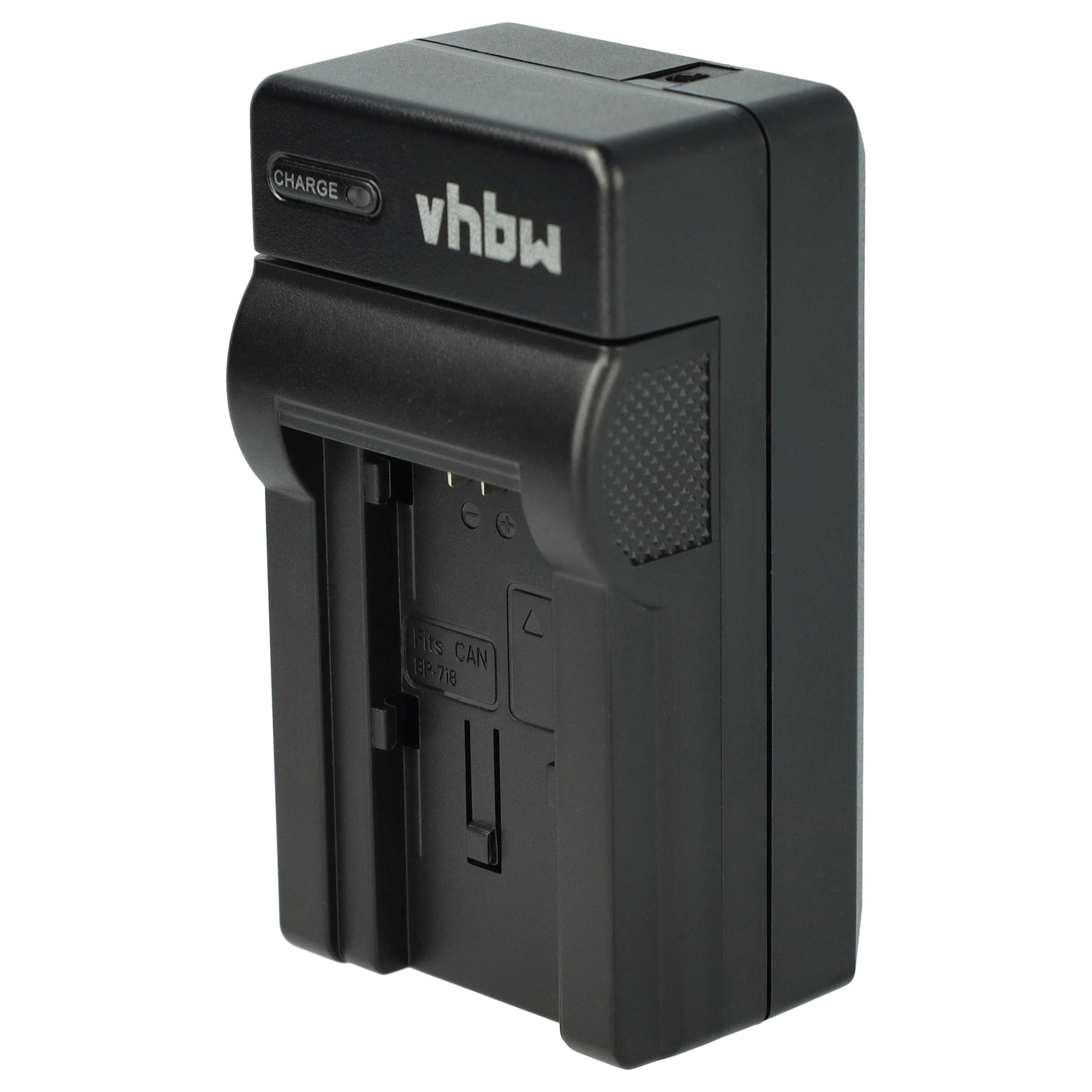 Schwarzes vhbw-Kamera-Akkuladegerät. Mit 'CHARGE'-Licht, Logo und Text 'Fits CAN BP-718'. Weißer Hintergrund.