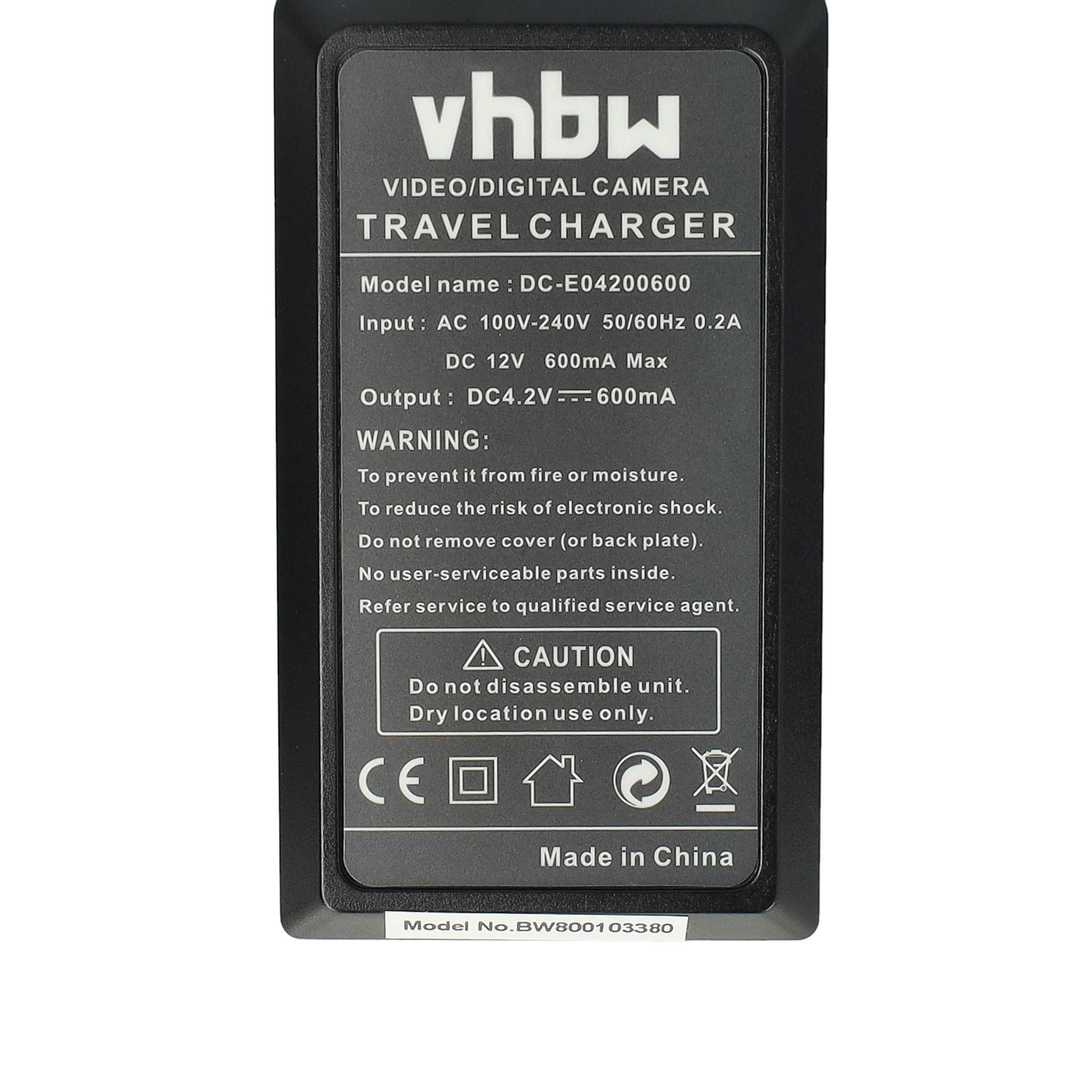 Schwarzes vhbw-Reiseladegerät mit Text, Warnhinweisen und Symbolen. Hergestellt in China. Modellnummer sichtbar.
