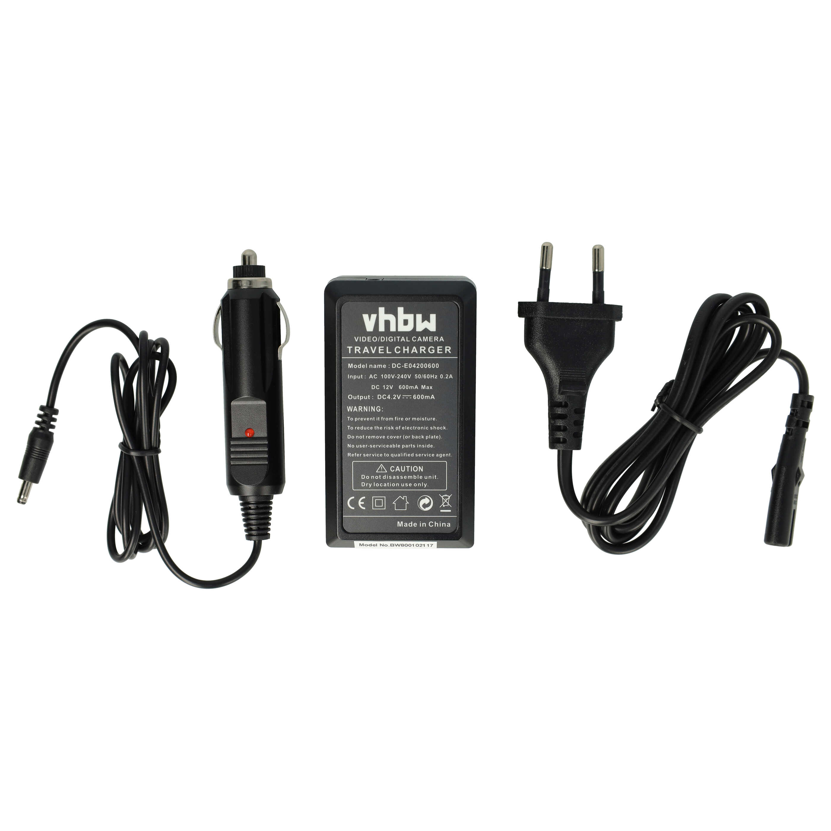 Ein schwarzes Kameragestell. Es enthält einen Auto-Adapter, einen Netzadapter und ein Ladegerät mit Text.