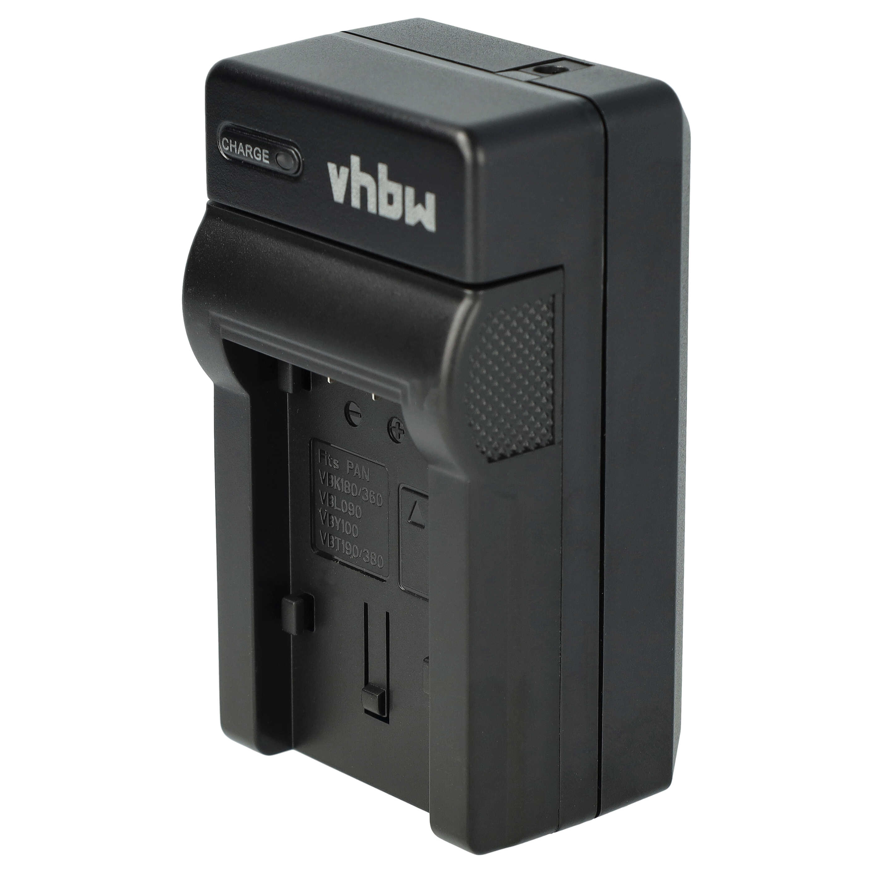Schwarzes vhbw-Batterieladegerät mit „CHARGE“-Anzeige. Es hat einen Steckplatz für Batterien und Modellnummern.