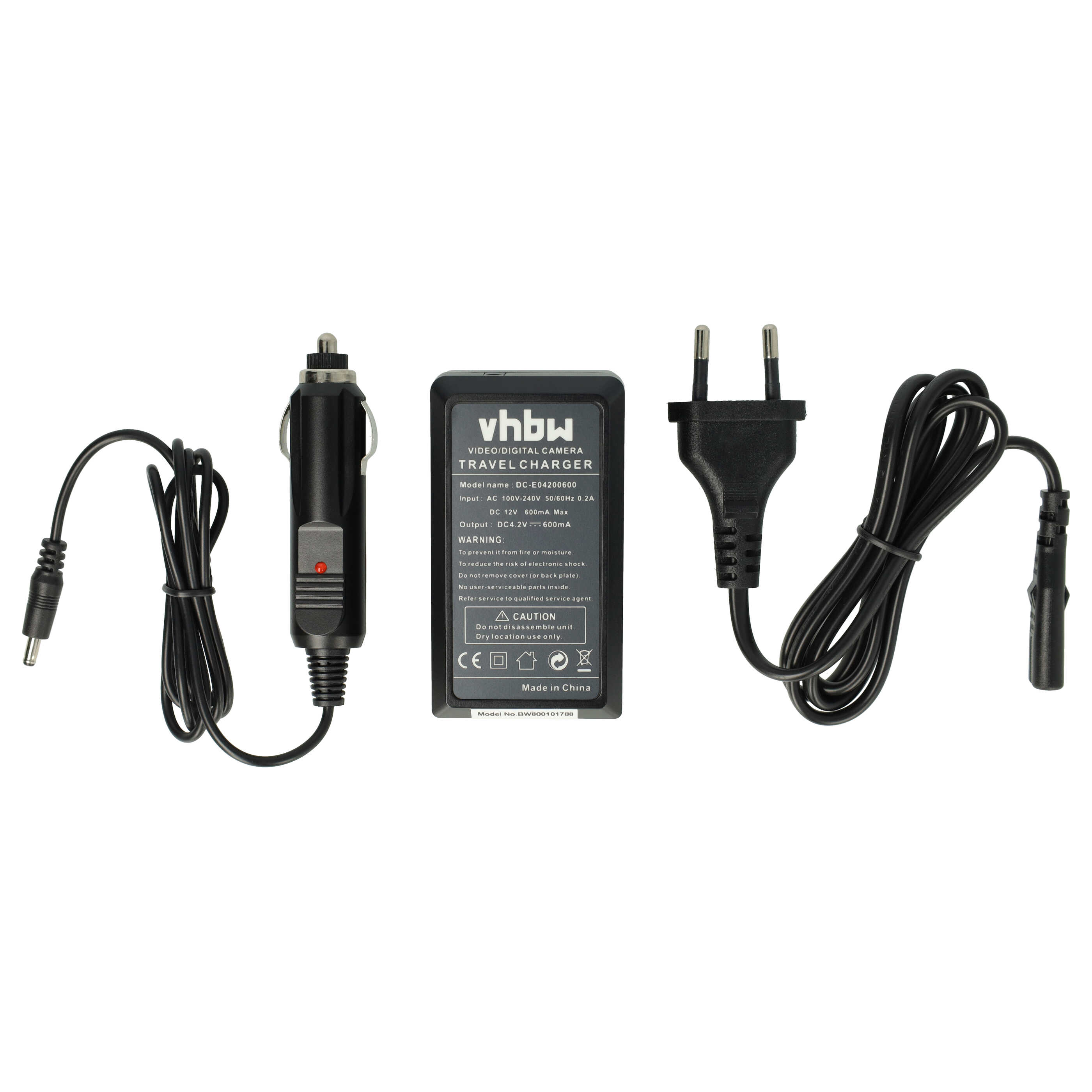 Ein schwarzes Reise-Ladegerät-Set mit Auto-Adapter, Ladegerät und Stecker mit Kabeln auf weißem Hintergrund.