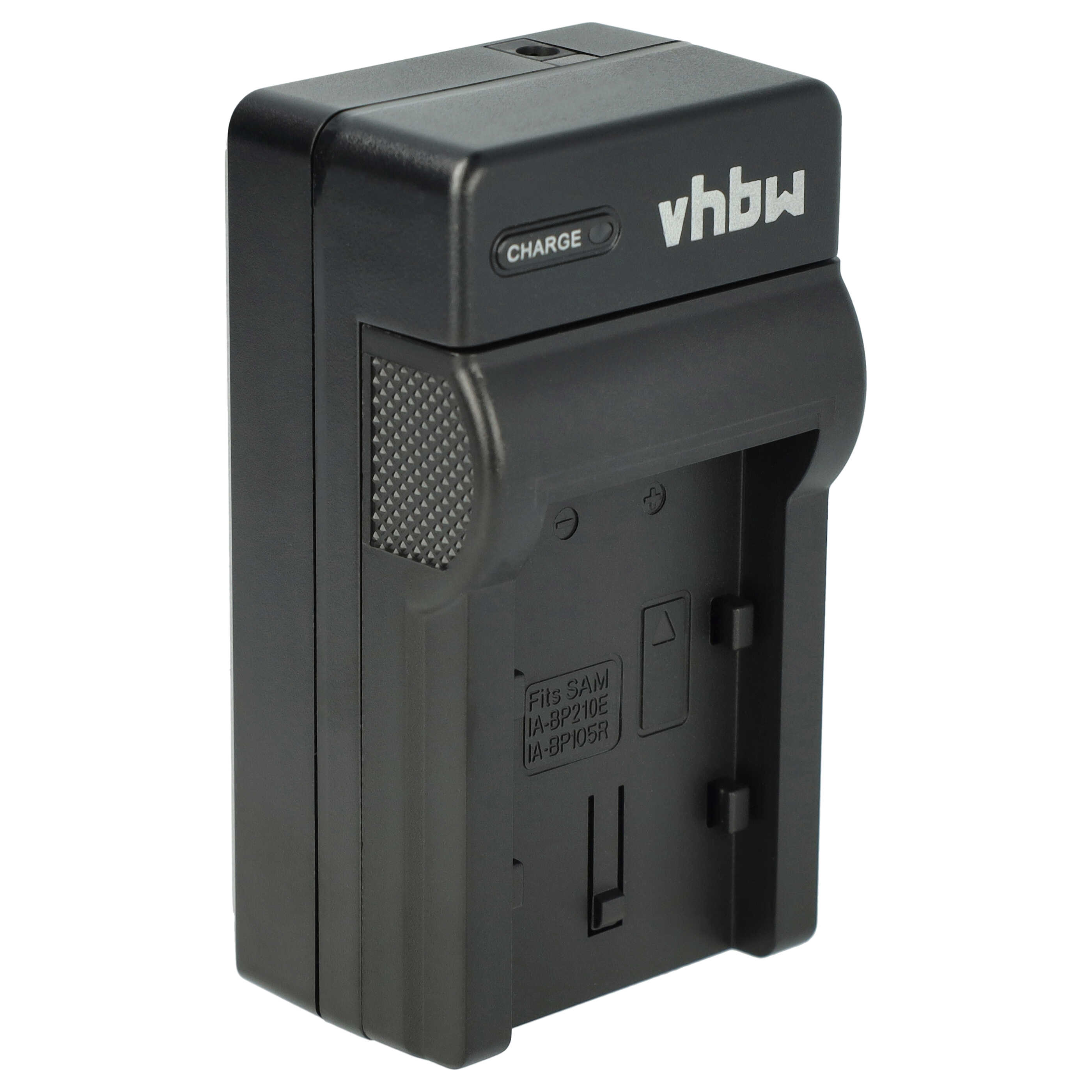 Schwarzes Batterieladegerät mit „CHARGE“-Taste und „vhbw“-Logo. Es hat einen Steckplatz für Batterien und Text, der kompatible Modelle angibt.