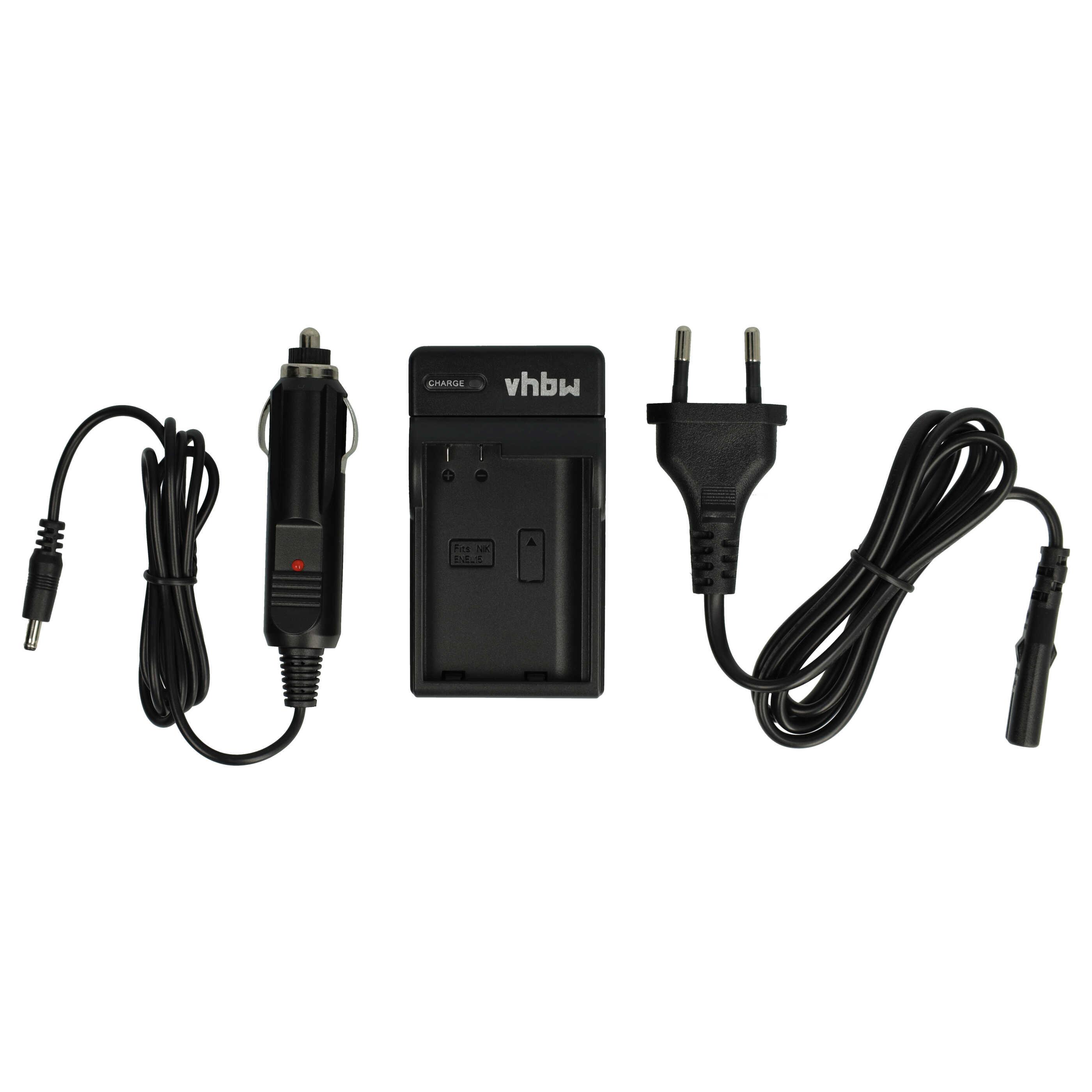 Schwarzes Kameracharger-Set mit Auto-Adapter und Netzstecker. Enthält Ladegerät, Auto-Adapter und Netzkabel auf weißem Hintergrund.