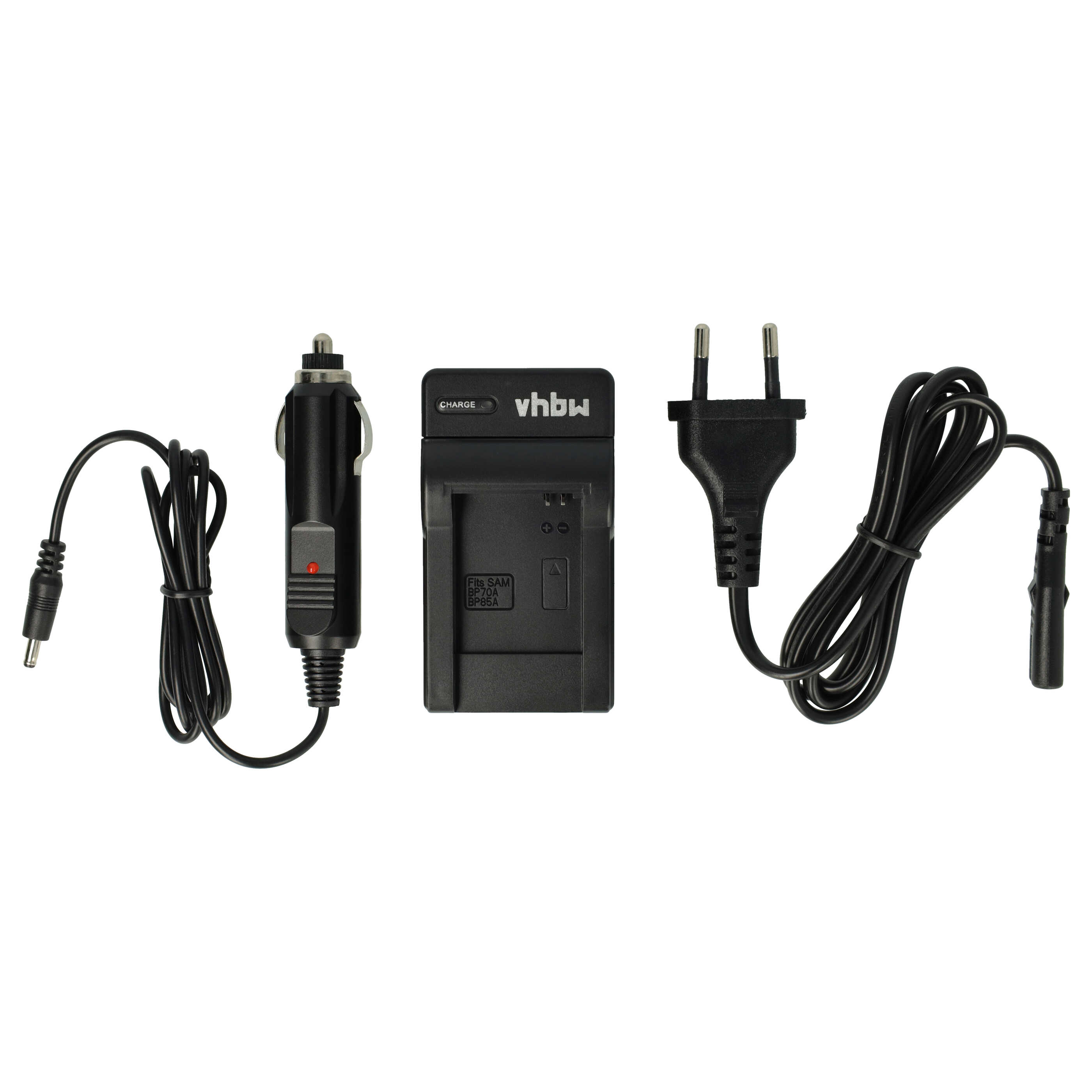 Ein schwarzes Ladegerät-Set mit Auto-Adapter, Ladegerät und Netzstecker. Das Ladegerät hat die Marke vhbw.