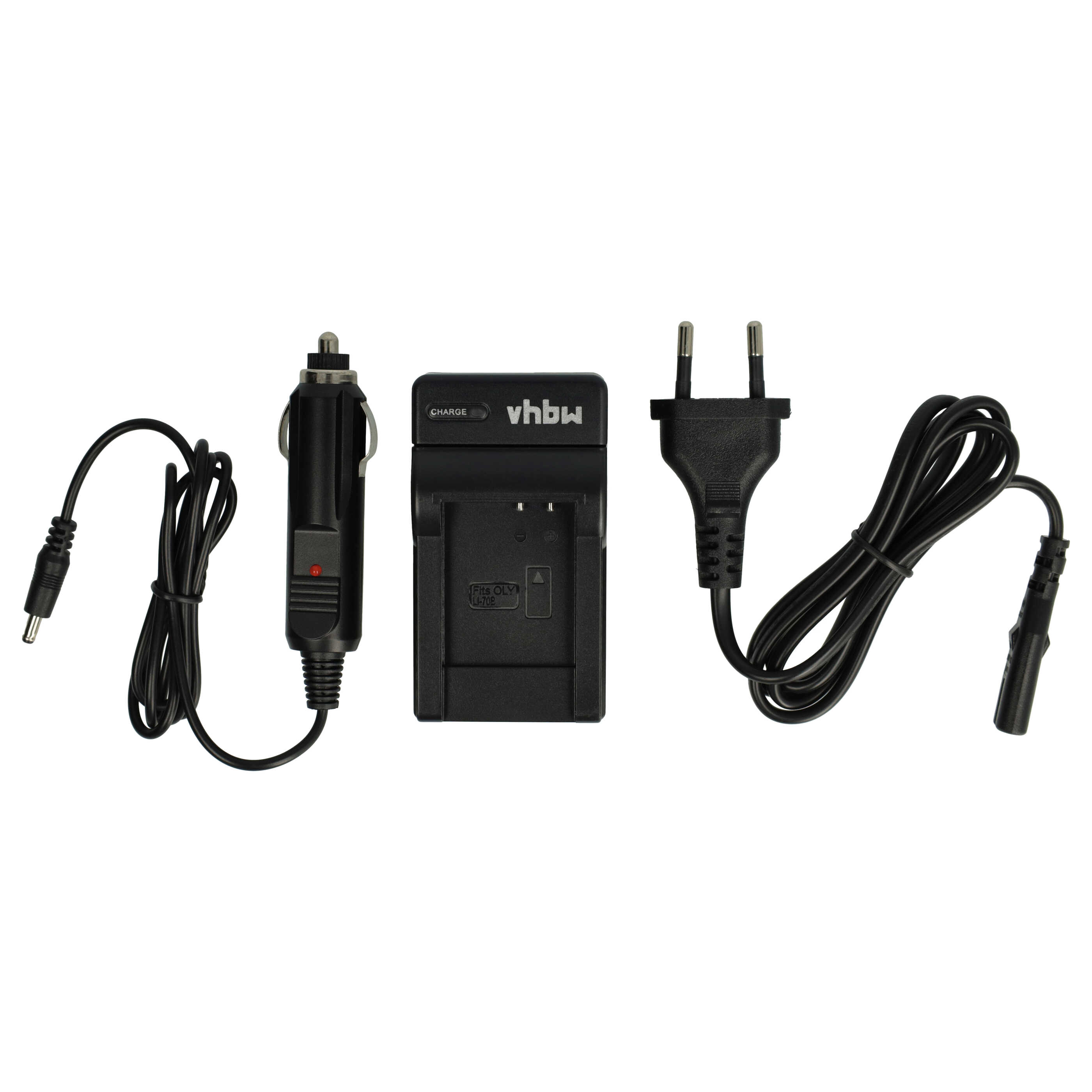 Ein schwarzes Ladegerät mit Auto-Adapter, Ladestation und Stecker mit Netzkabel. Alles auf weißem Hintergrund.