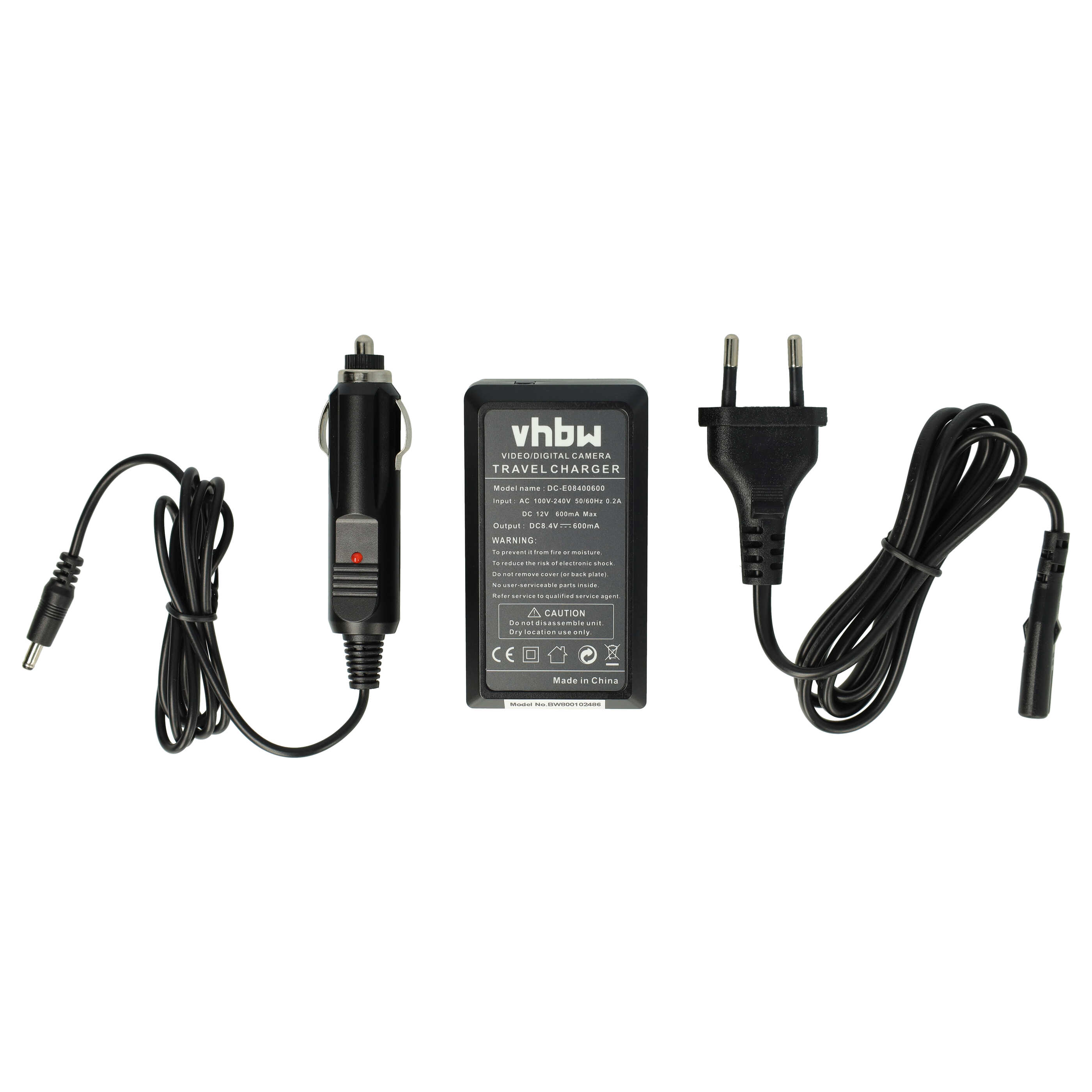 Schwarzes Reise-Ladegerät mit Auto-Adapter, Netzstecker und schwarzem Kabel. Das Ladegerät hat Text.