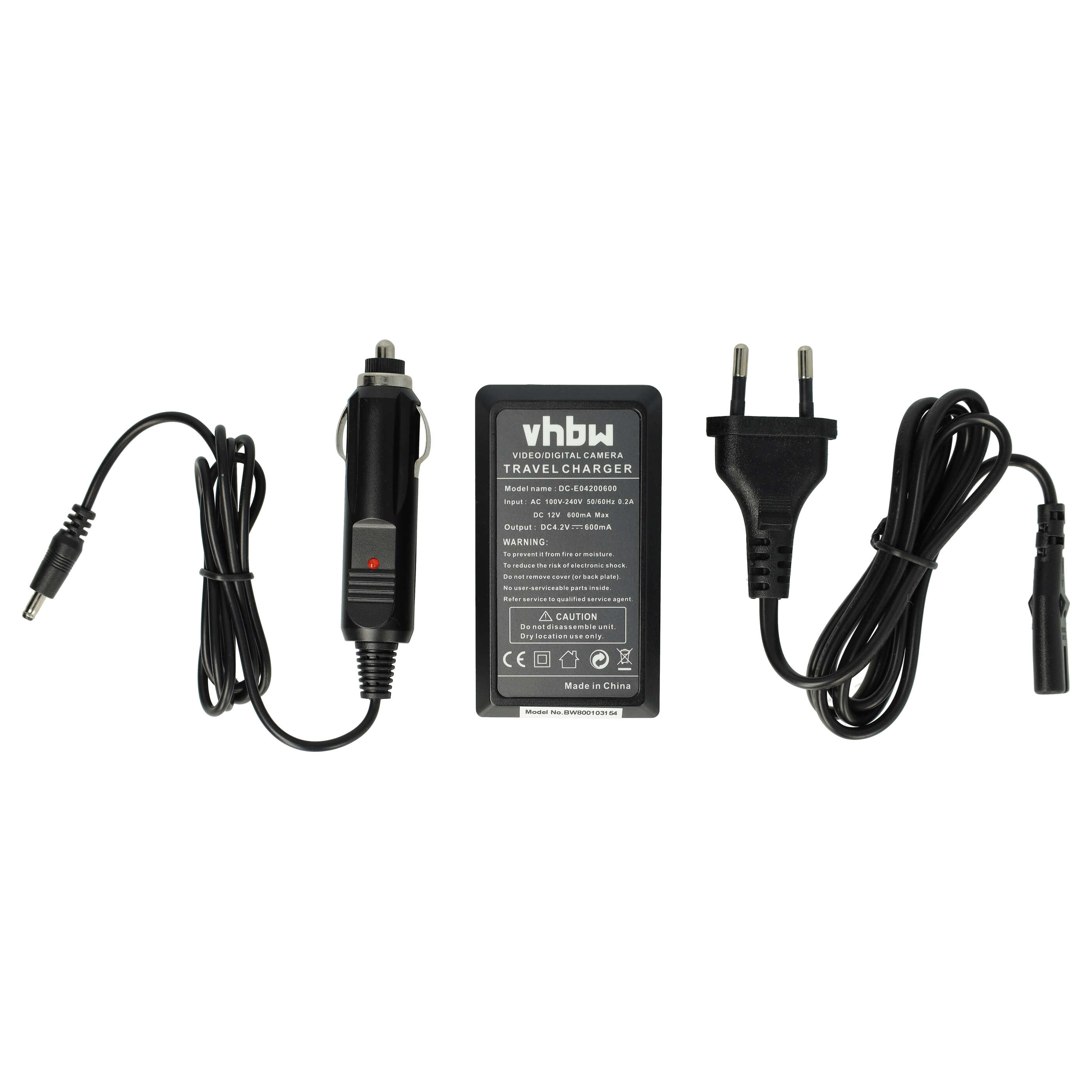 Ein schwarzes Reise-Ladegerät-Set. Enthält einen Auto-Adapter, ein Ladegerät und einen Stecker, alle mit schwarzen Kabeln verbunden.