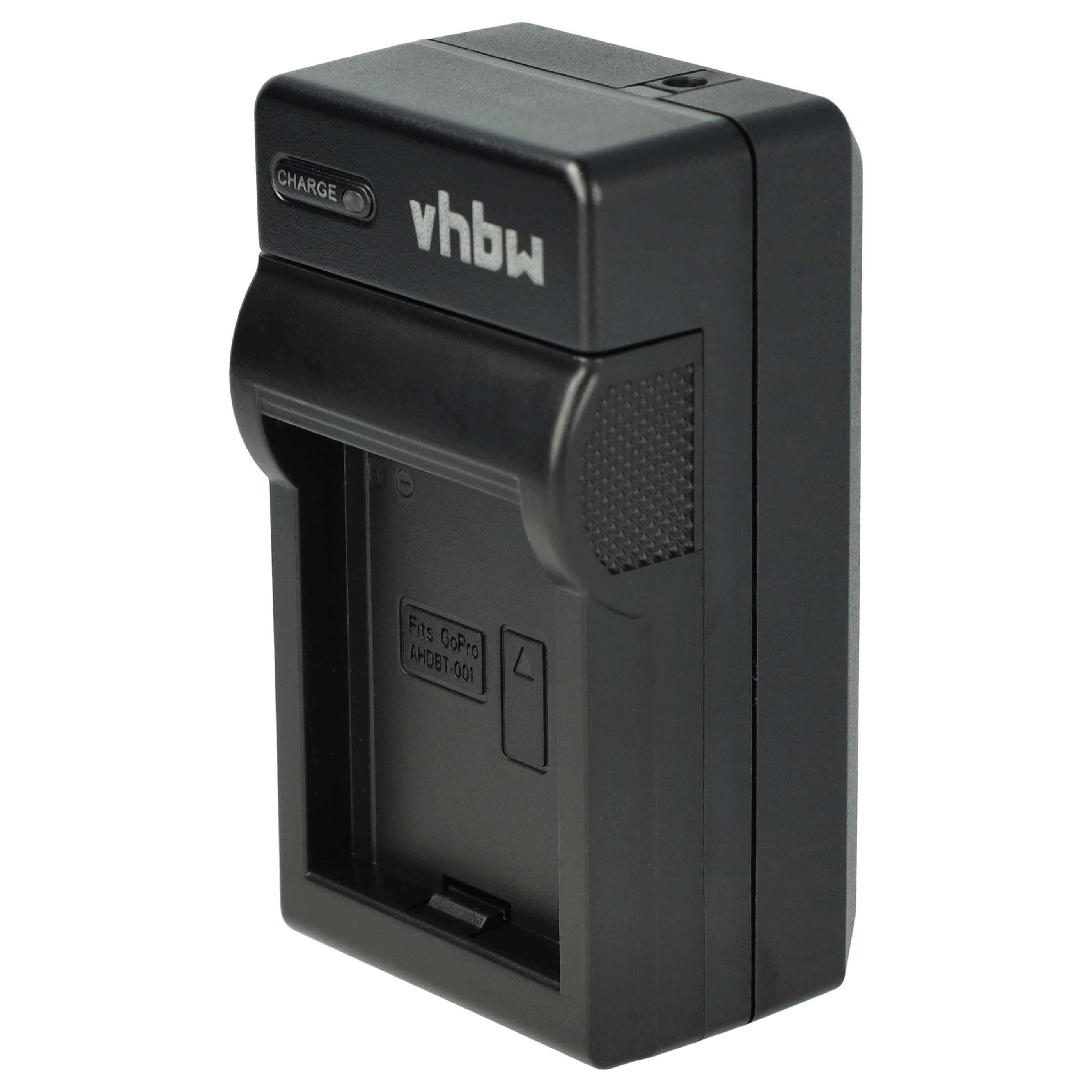 Ein schwarzes GoPro-Ladegerät mit dem Markennamen 'vhbw'. Es hat einen Eingabeschlitz, das Wort 'CHARGE' und ein 'Fits GoPro'-Etikett.