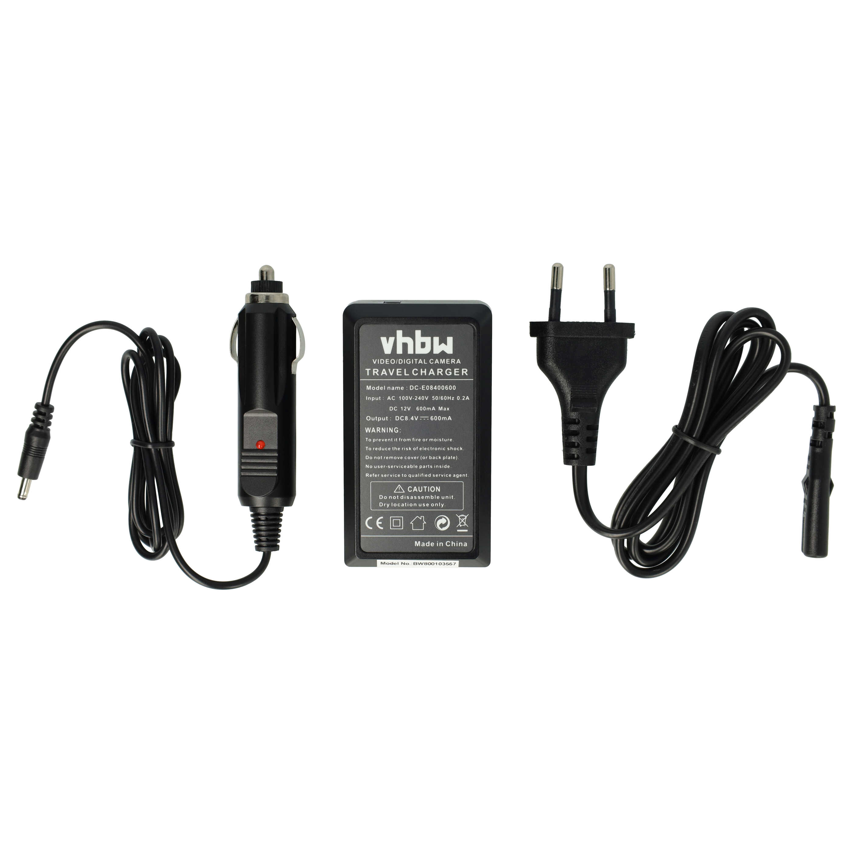 Ein schwarzes Kameragladegerät mit Autoadapter, Wandstecker und Ladeblock vor weißem Hintergrund.