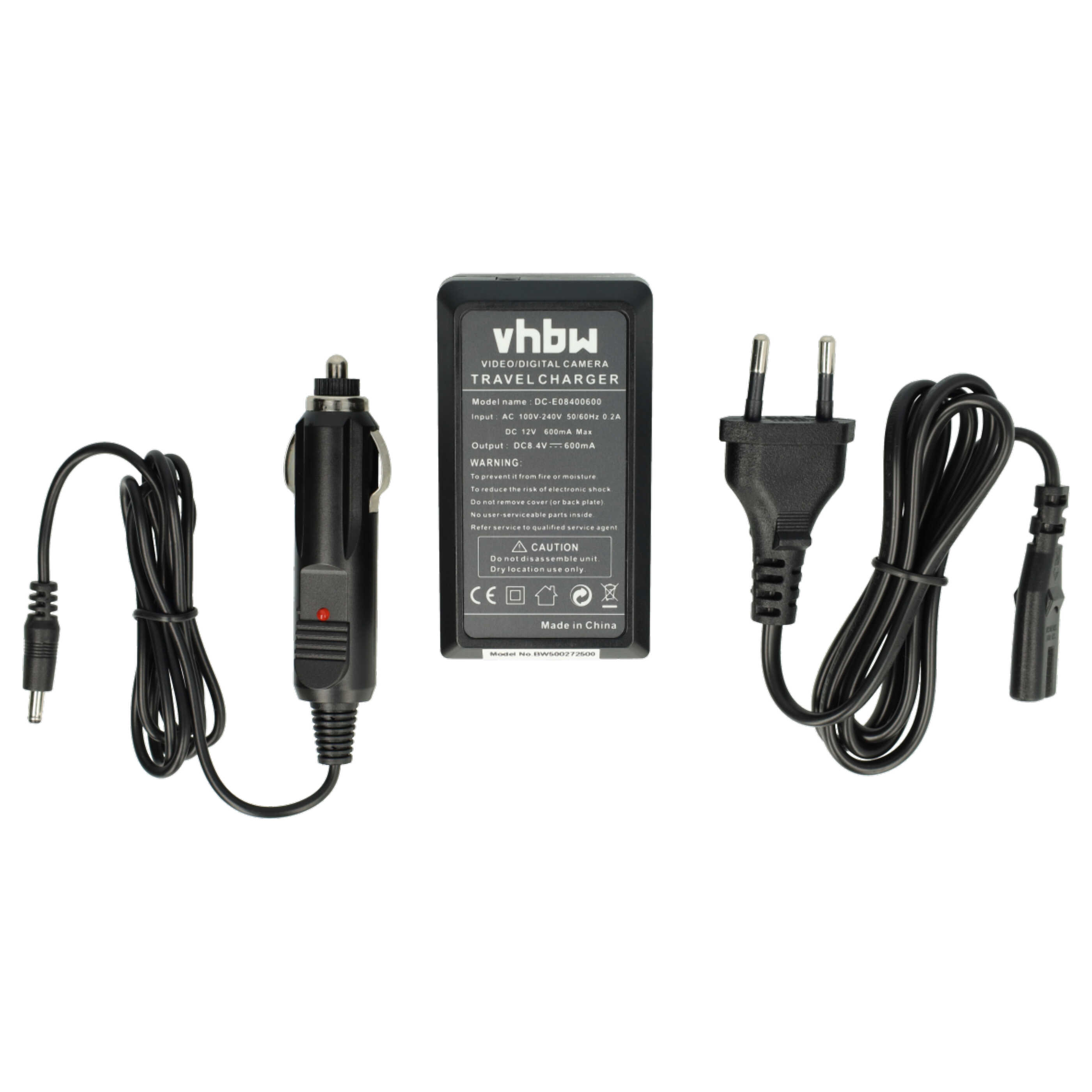Ein Kameragladegerät mit Autoadapter und Stecker. Ladegerät hat Text: vhbw, Travel Charger. Schwarze Kabel sind vorhanden.