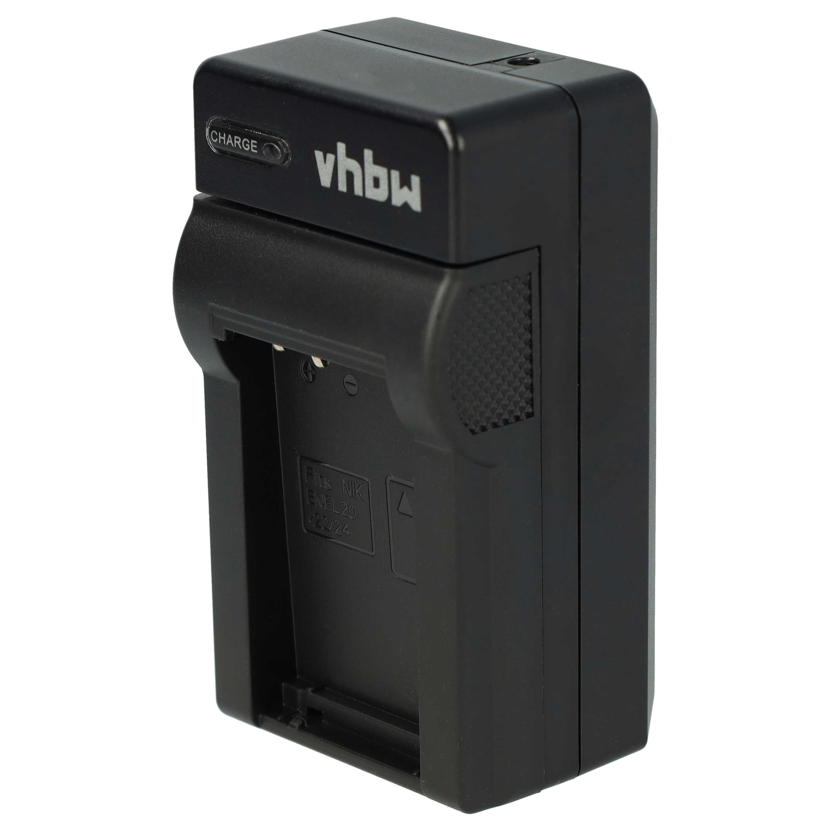 Schwarzes Batterieladegerät mit den Aufschriften 'Charge' und 'vhbw'. Es hat einen Steckplatz für eine Batterie.
