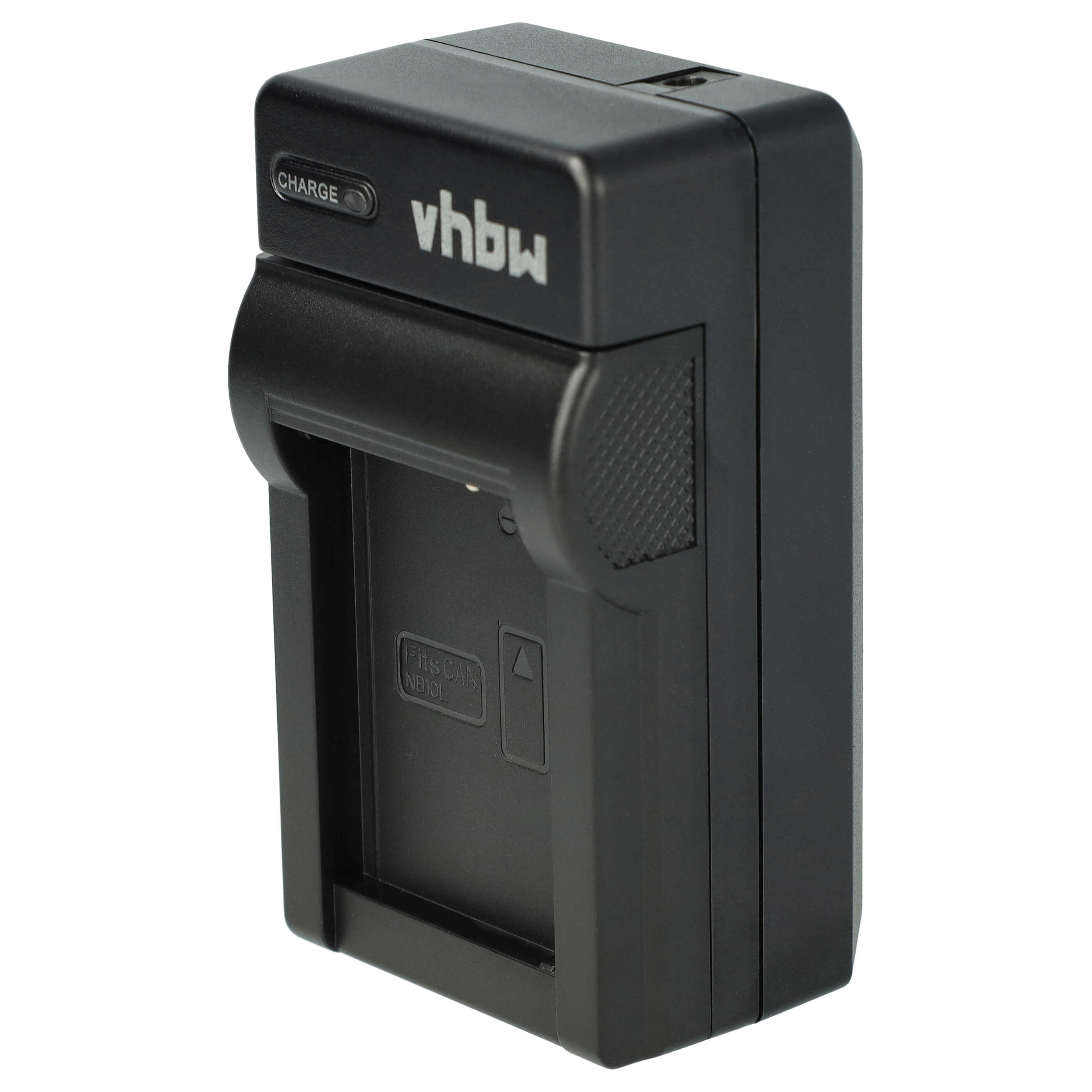 Schwarzes Batterieladegerät mit 'vhbw'-Logo. Es hat eine 'CHARGE'-Anzeige und den Text 'Fits CAN NB10L'.