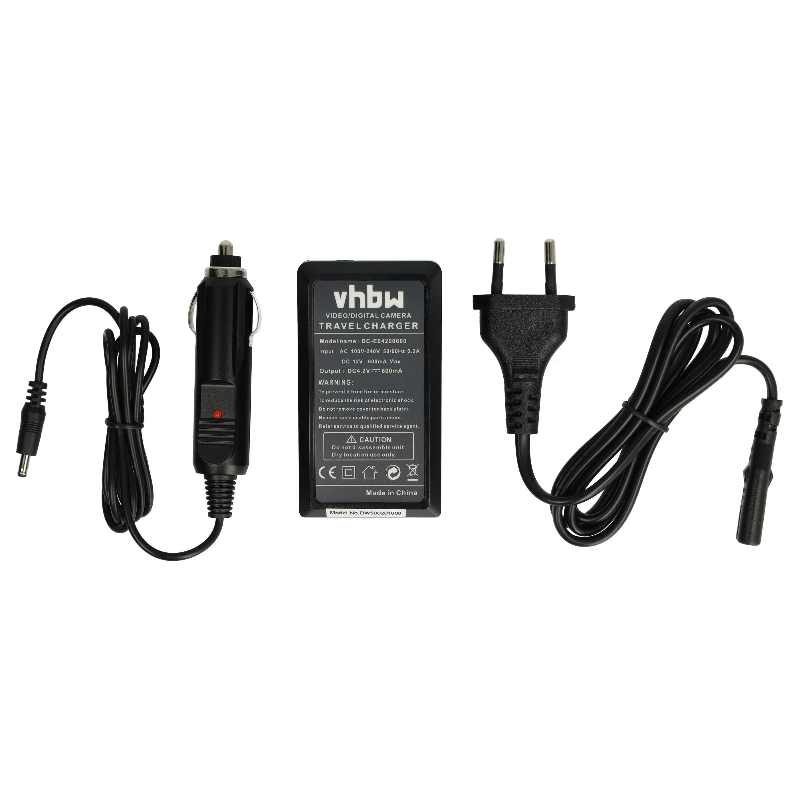 Ein schwarzes Reise-Ladegerät mit mehreren Kabeln und Steckern, darunter ein Auto-Adapter und ein europäischer Stecker.