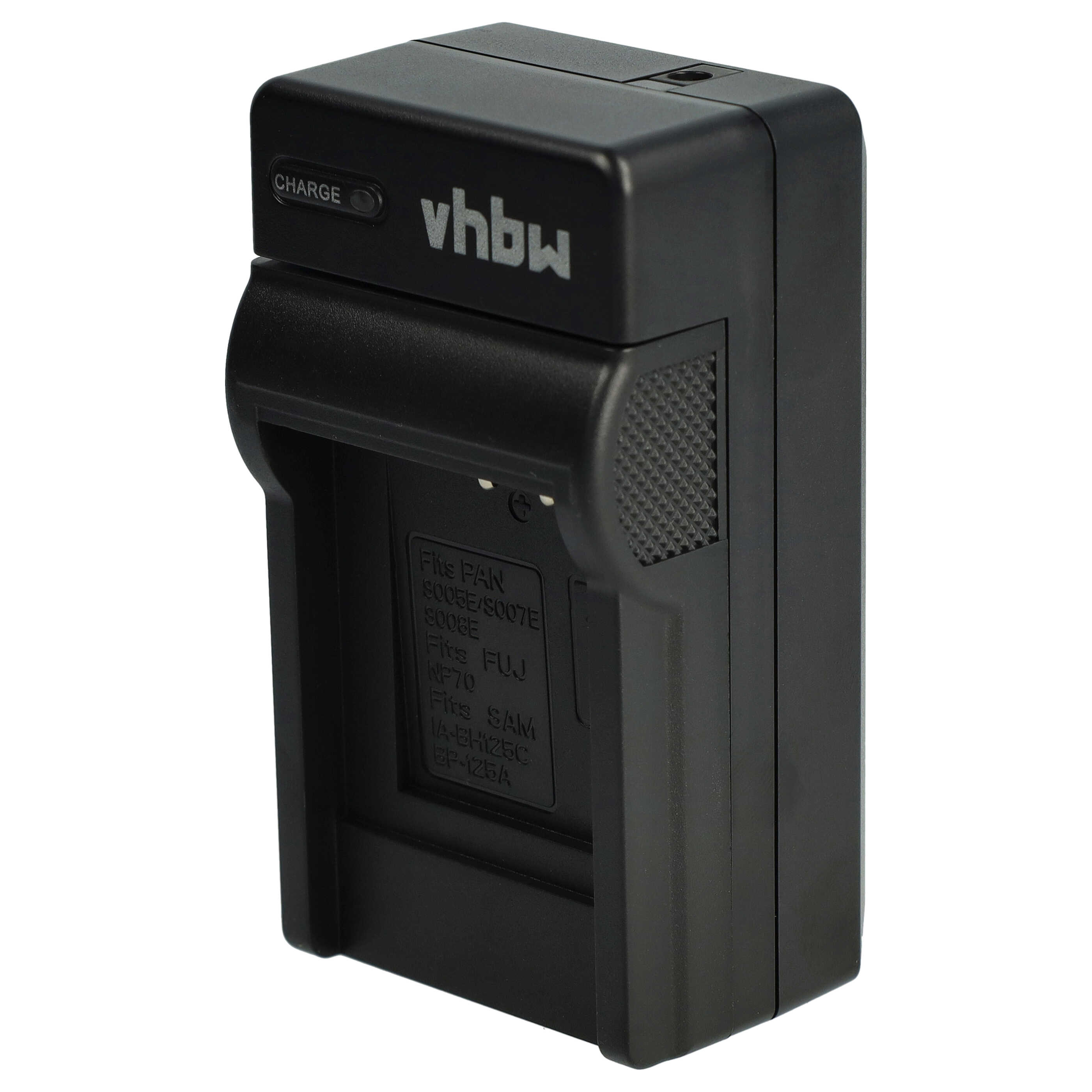 Ein schwarzes vhbw-Batterieladegerät. Es hat eine 'CHARGE'-Anzeige und Text, der die Kompatibilität anzeigt.