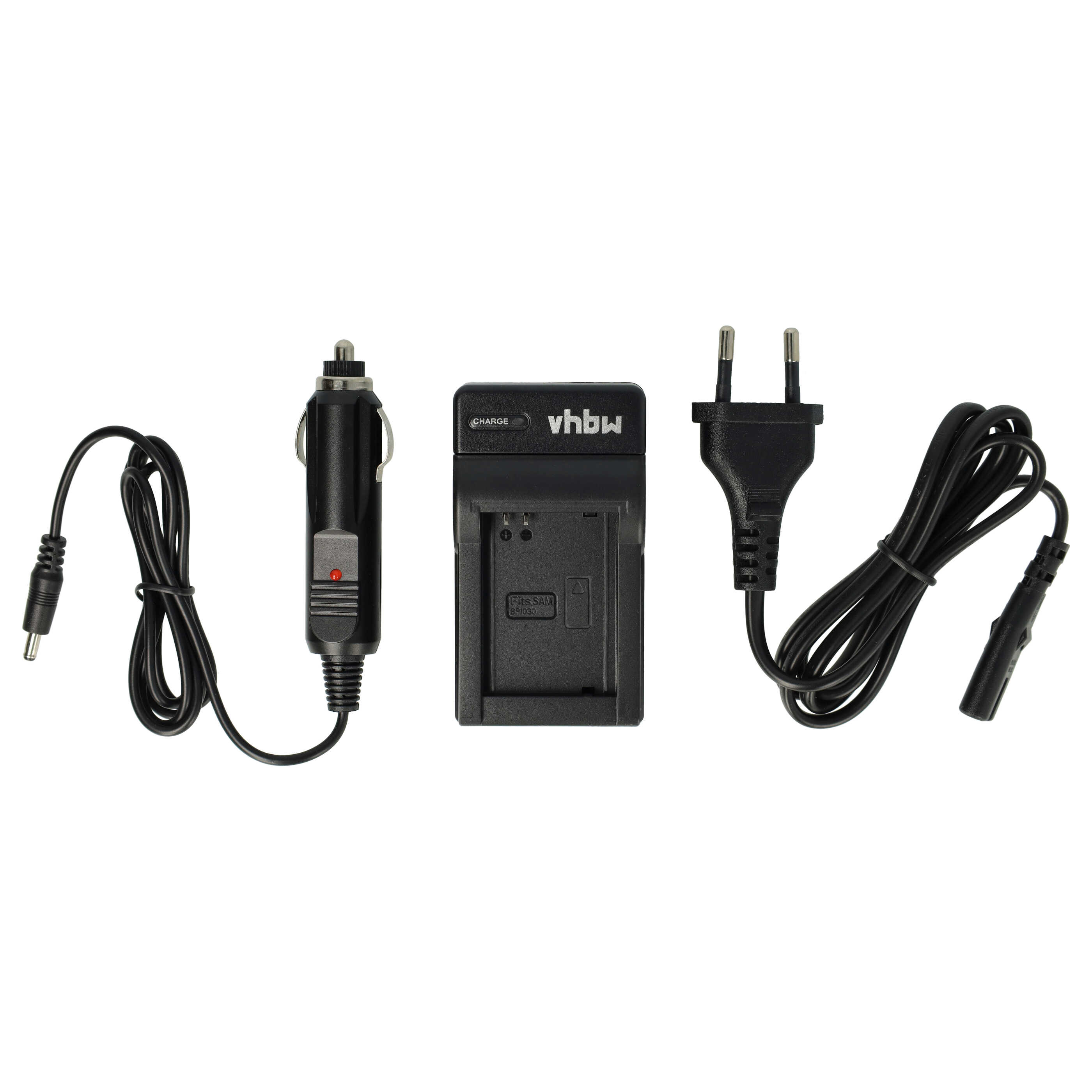 Das Bild zeigt ein schwarzes Akkuladegerät, ein Autoladegerät und einen Netzadapter, alle mit schwarzen Kabeln, vor weißem Hintergrund.