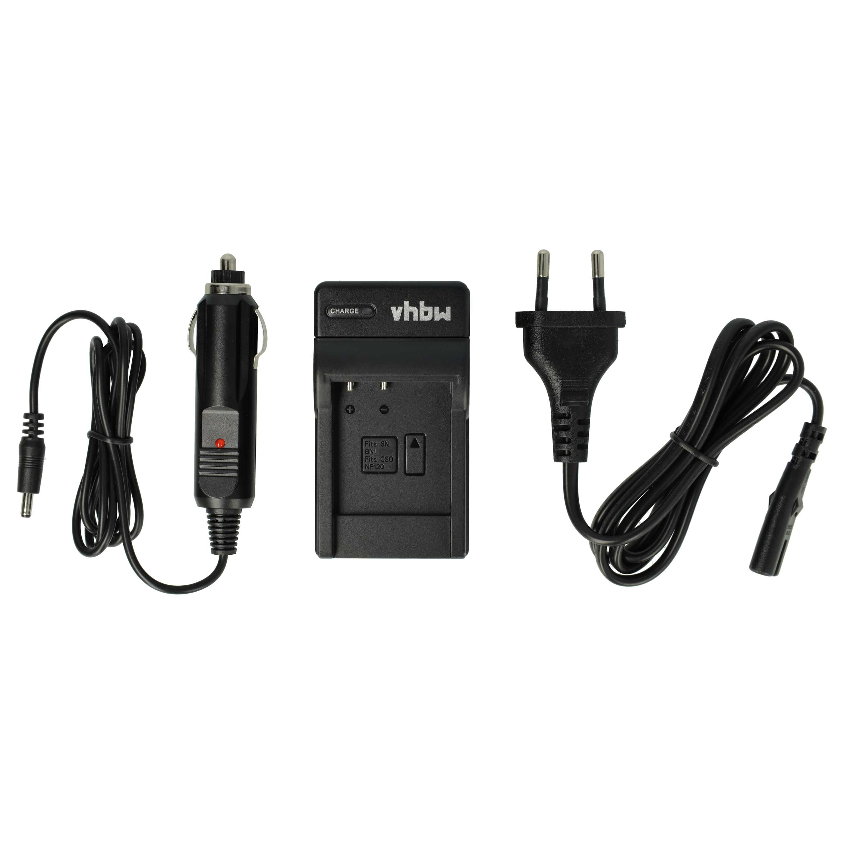 Ein schwarzes Ladegerät mit Auto-Adapter, Ladegerät und Netzstecker. Alle Artikel befinden sich auf weißem Hintergrund.