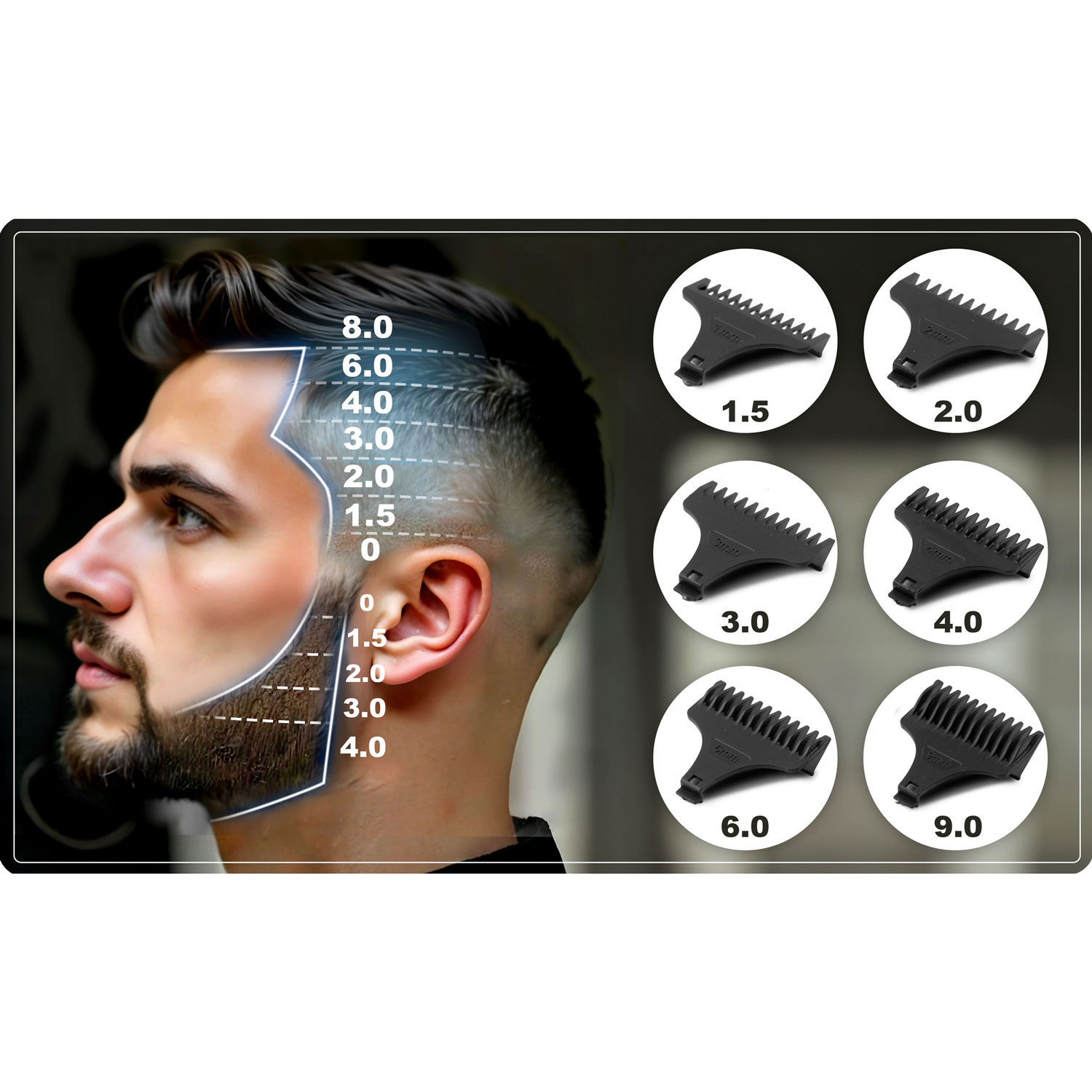 Obraz przedstawia twarz mężczyzny z prowadnicami długości włosów. Obecne są również czarne osłony do maszynki do strzyżenia włosów z oznaczeniami 1,5, 2,0, 3,0, 4,0, 6,0 i 9,0.