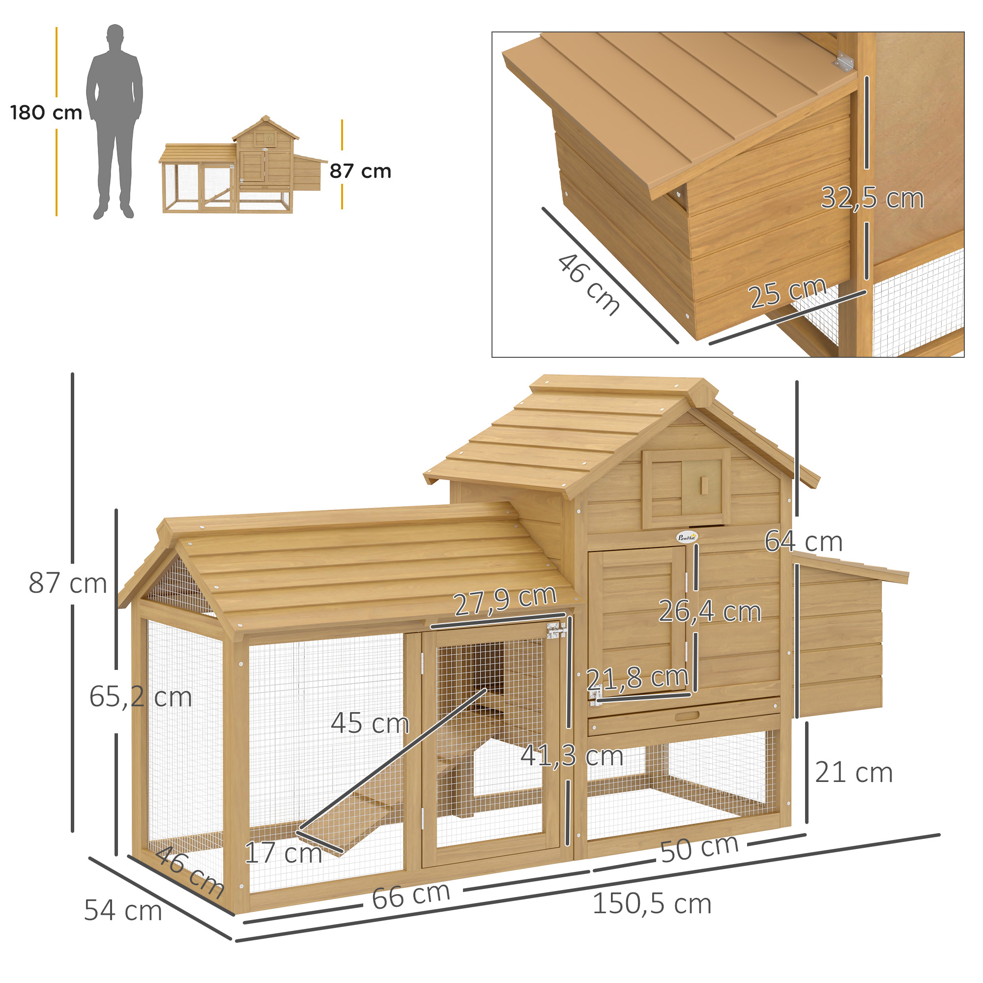 Un gallinero de madera con malla de alambre, una rampa y una pequeña sección de casa, se proporcionan dimensiones.