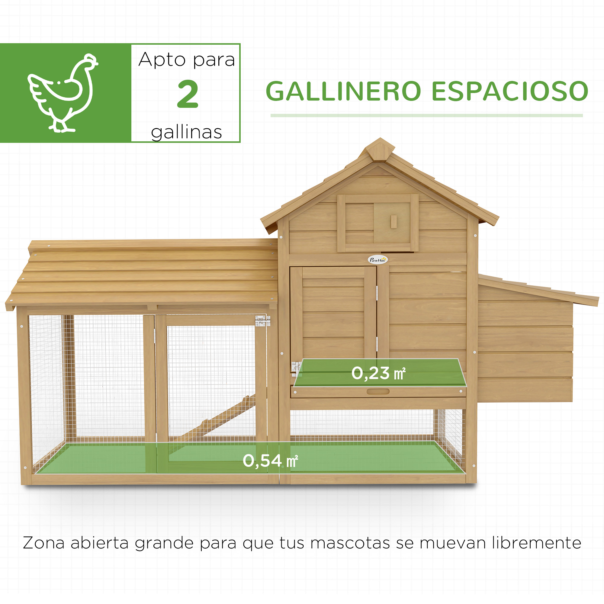 Un gallinero de madera con una gran zona abierta, adecuado para dos gallinas. Tiene una casa de madera y una jaula de alambre.