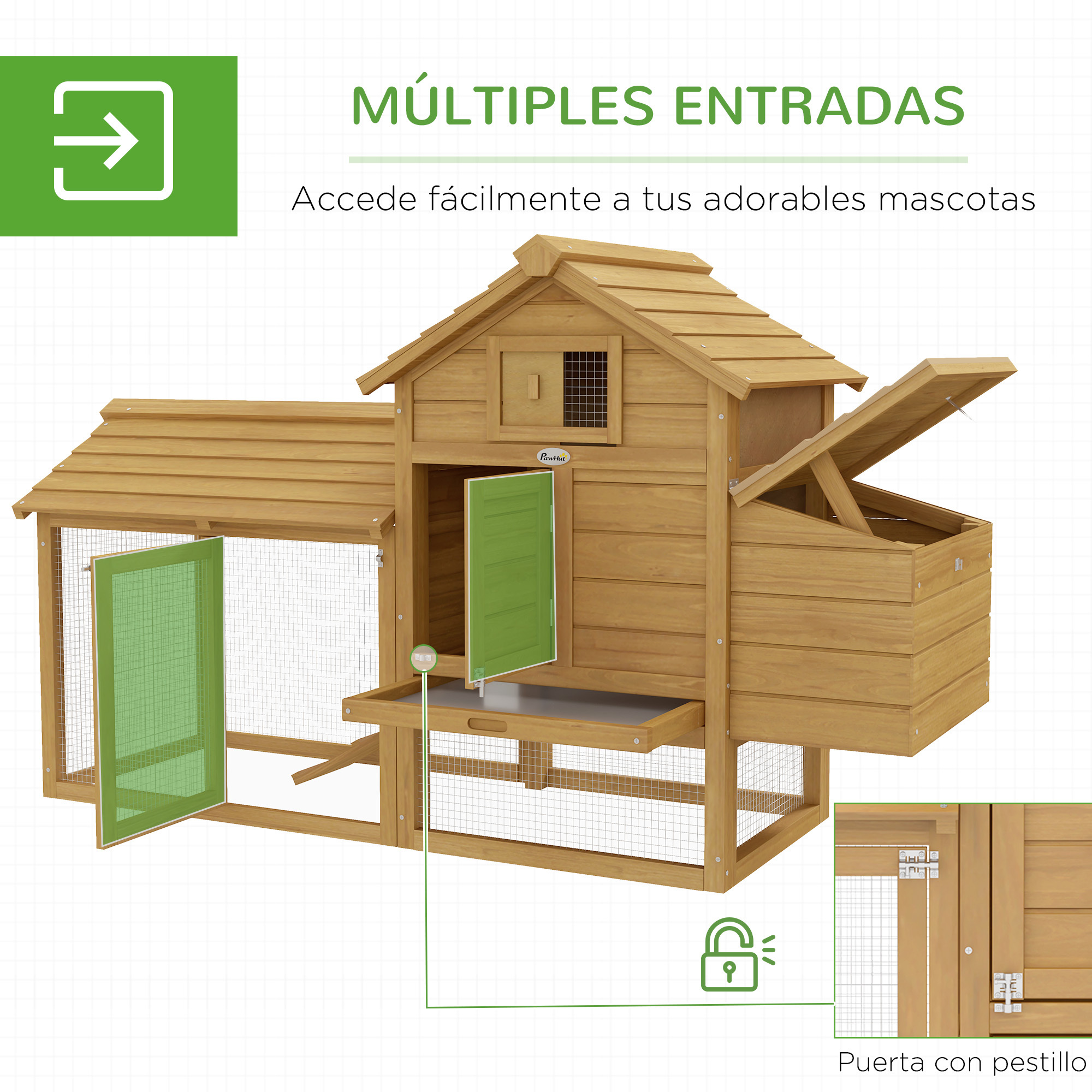 Casa de mascotas de madera con múltiples entradas y puertas abiertas. Se ven puertas verdes y malla de alambre. Hay texto en español.