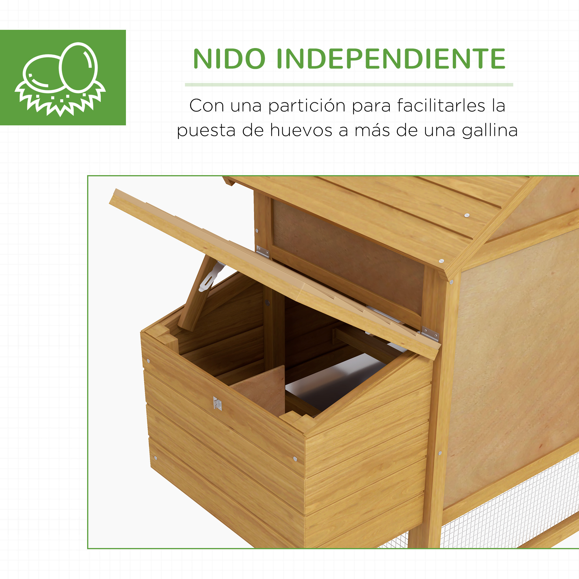 Gallinero de madera, tapa abierta, icono de huevos. El gallinero tiene una partición para poner huevos.