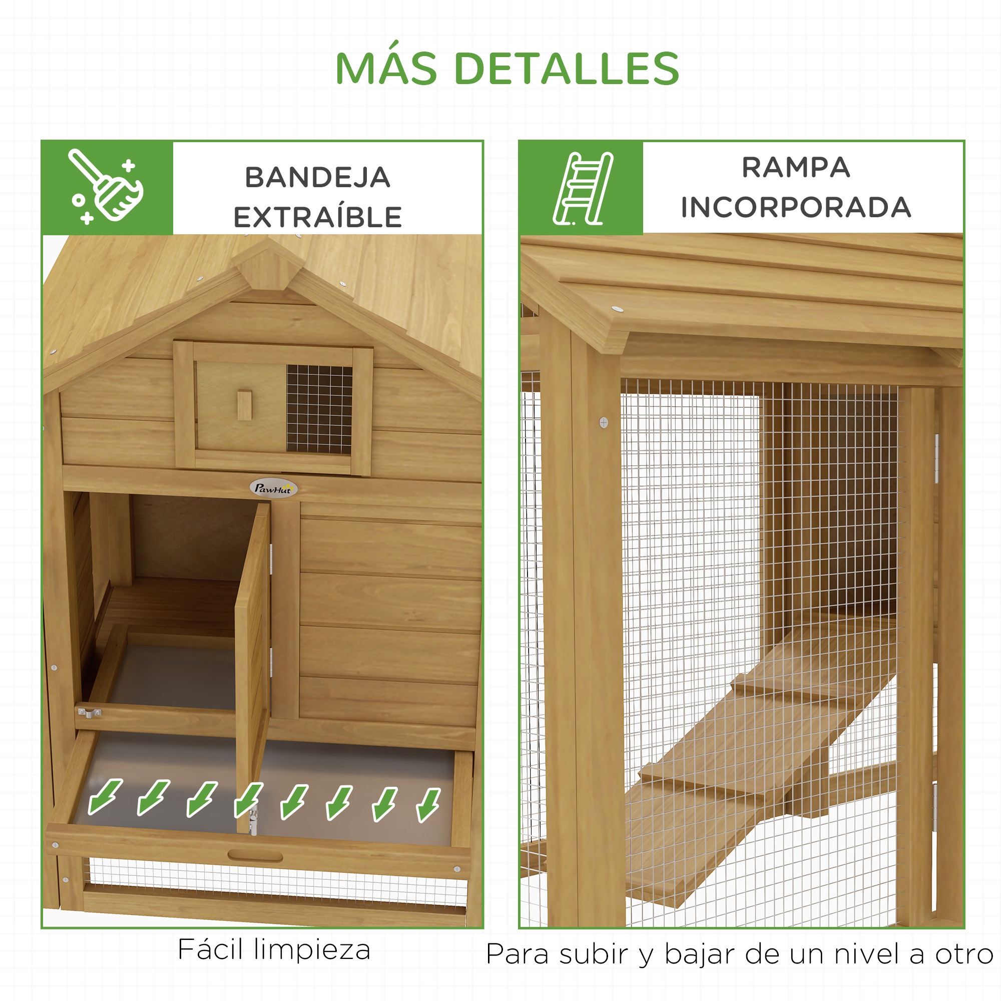 Gallinero de madera con bandeja extraíble y rampa. Incluye puerta abierta, malla de alambre y techo inclinado.