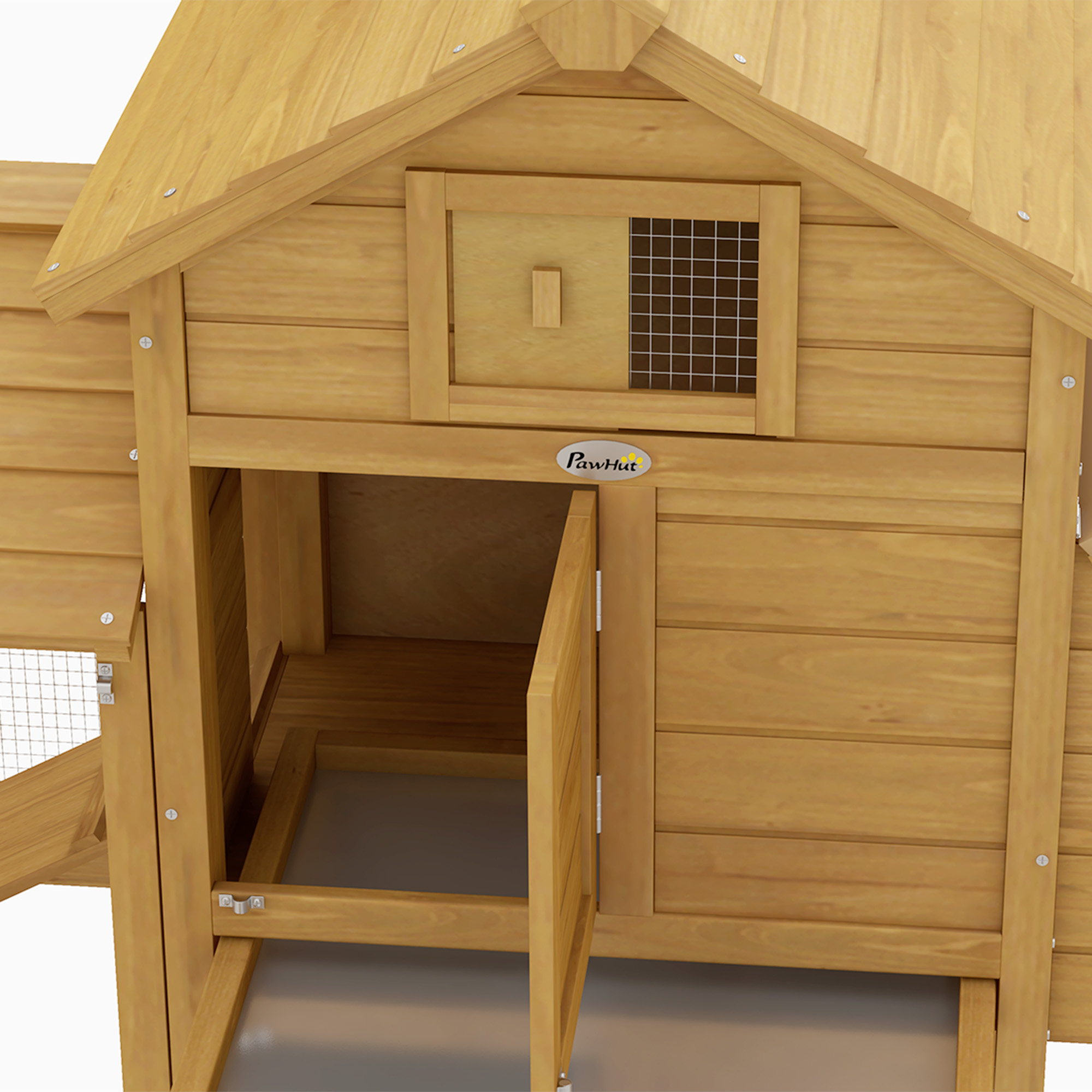 Se muestra un gallinero de madera, parcialmente abierto. Tiene un techo inclinado, una puerta y una ventana con malla de alambre.