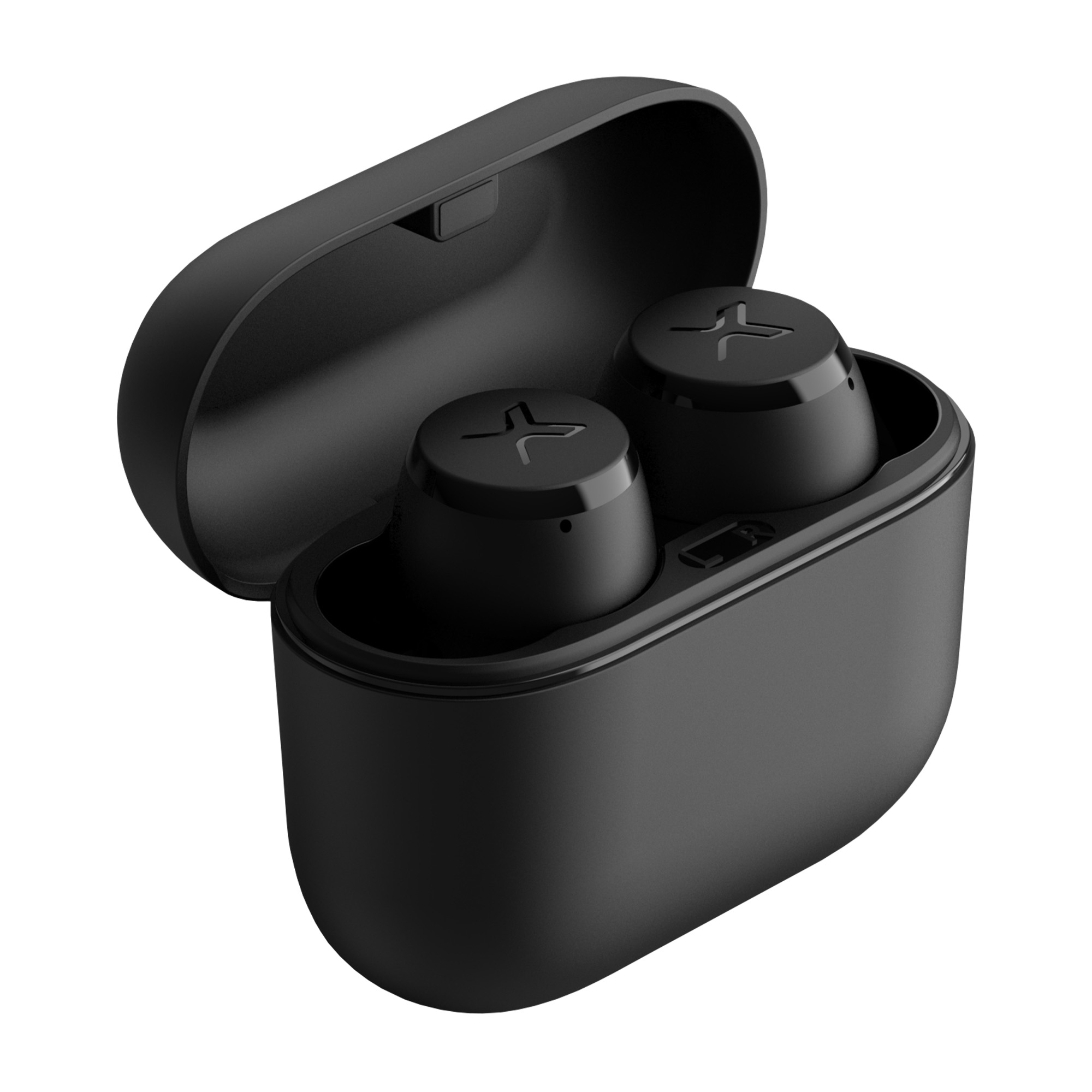Czarne bezprzewodowe słuchawki w otwartym etui ładującym. Każda słuchawka ma logo, a etui jest również czarne.