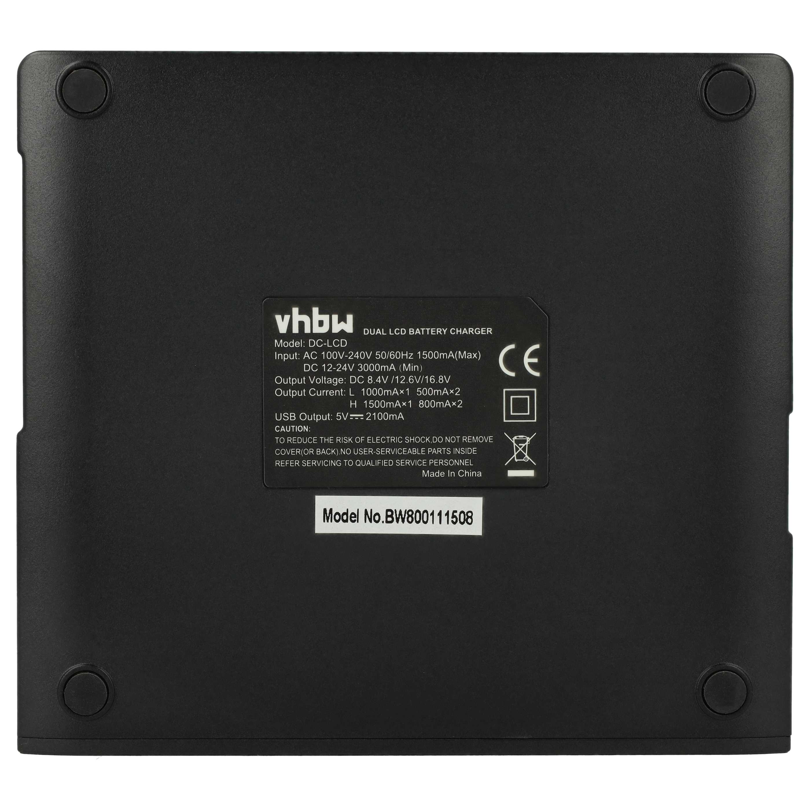 Schwarzes Ladegerät mit Text wie 'vhbw', 'DUAL LCD BATTERY CHARGER', Modellnummer und Sicherheitssymbolen.