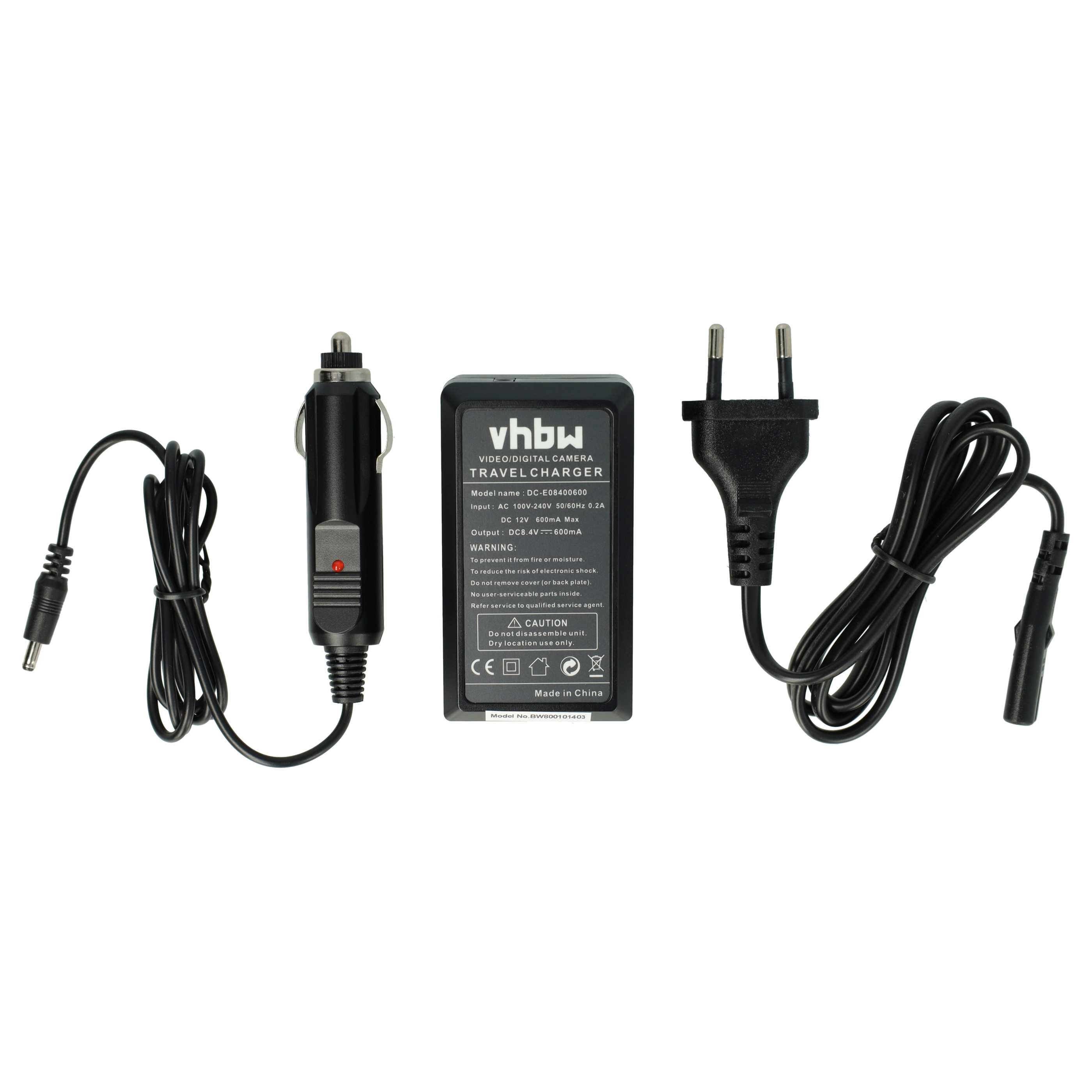 Ein schwarzes Reise-Ladegerät mit Autoadapter, Stecker und Ladegerätbox, alle durch schwarze Kabel verbunden.