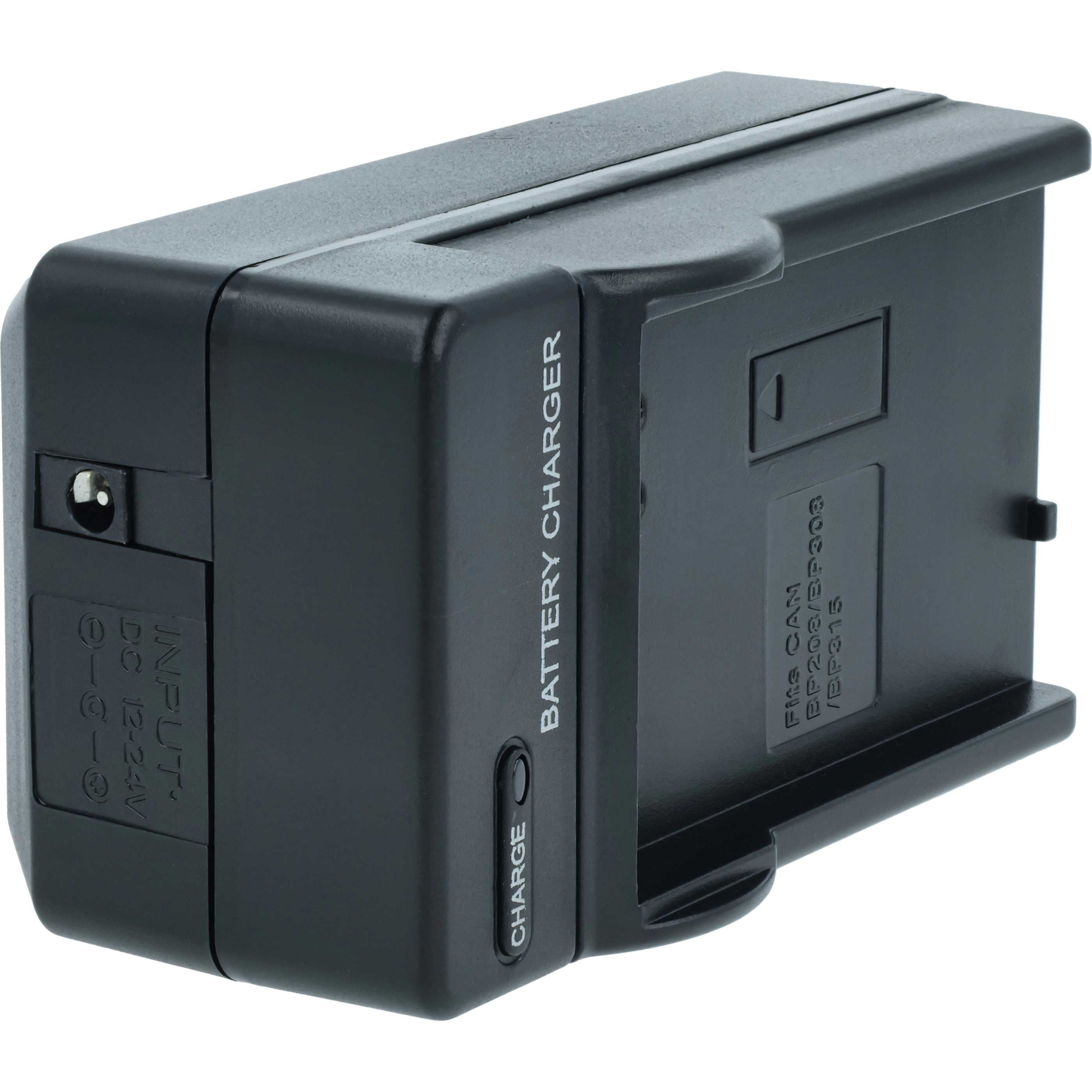 Schwarzes Batterieladegerät mit der Aufschrift 'BATTERY CHARGER'. Es hat eine 'CHARGE'-Taste und Eingangsangaben. Weißer Hintergrund.