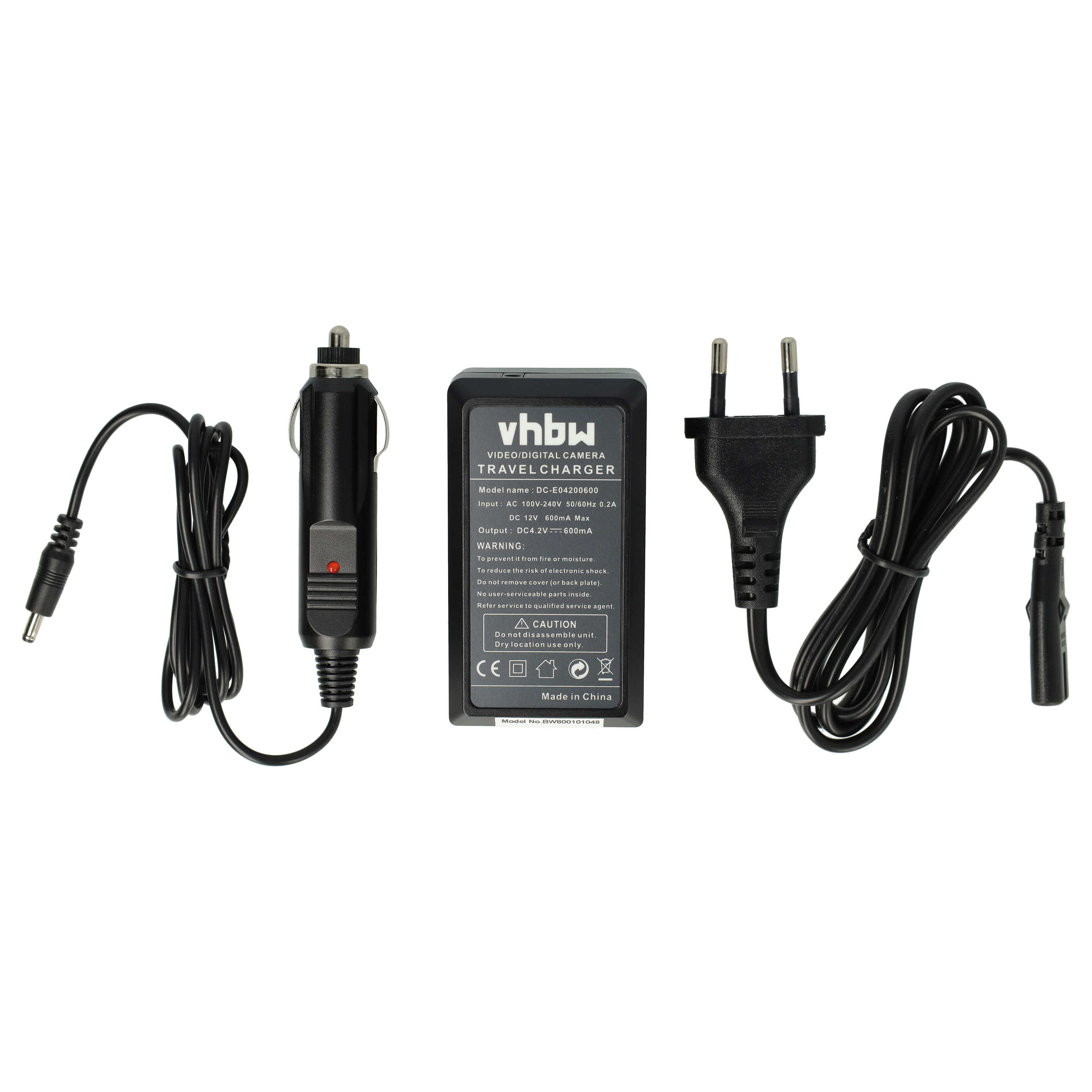 Ein schwarzes Reise Ladegerät mit Auto Adapter und europäischem Stecker. Es hat ein vhbw-Etikett und technische Daten.