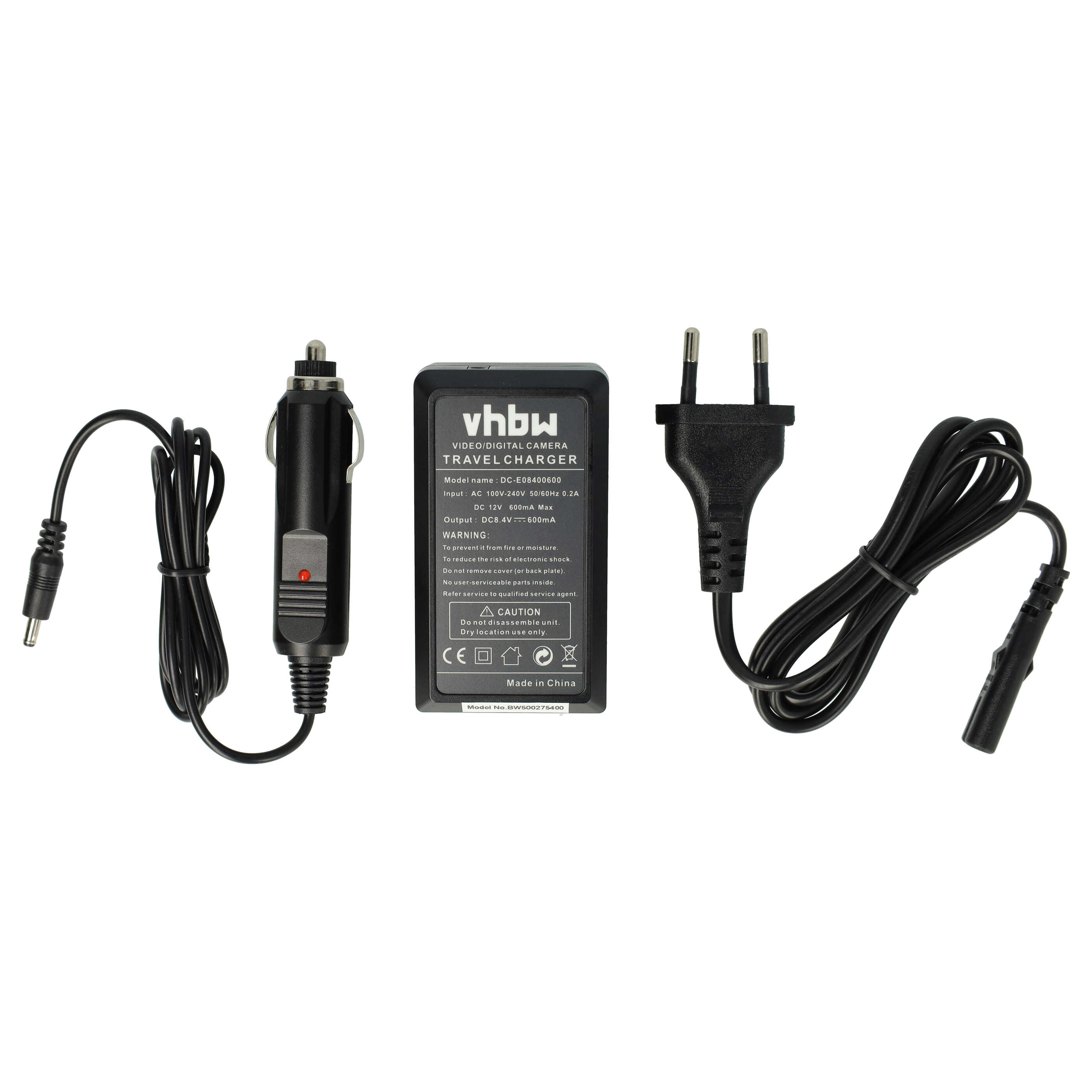 Reiseladegerät für eine Videokamera, mit Autoadapter, Netzstecker und schwarzem Ladegerät.