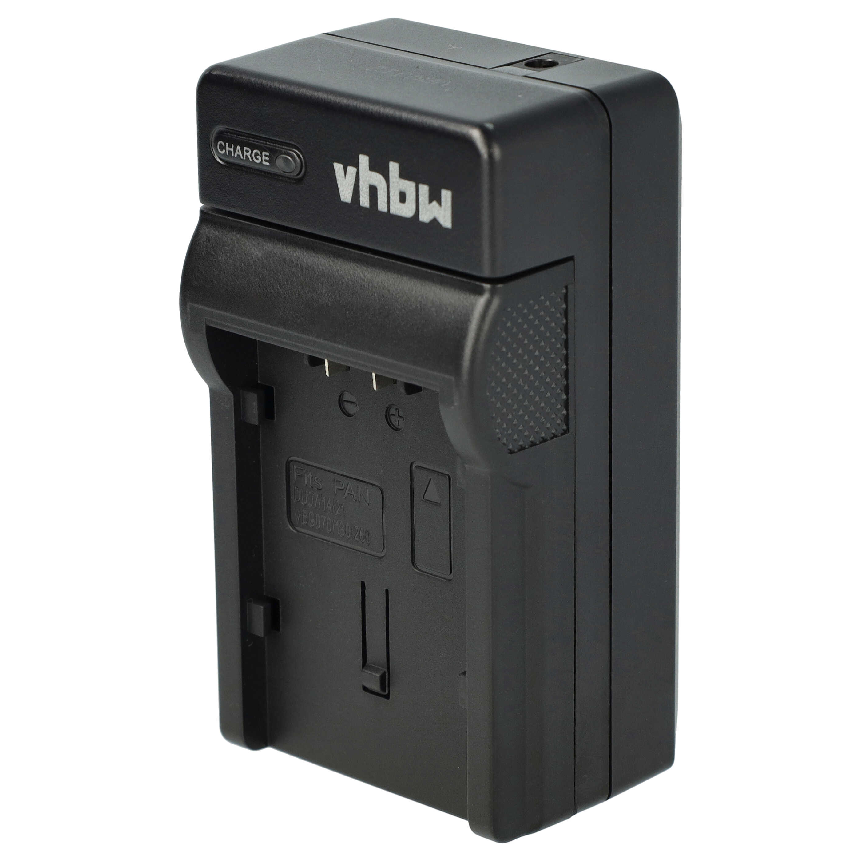 Schwarzes VHBW-Batterieladegerät mit 'CHARGE'-Anzeige. Der Lader ist rechteckig mit Schlitzen und Text.