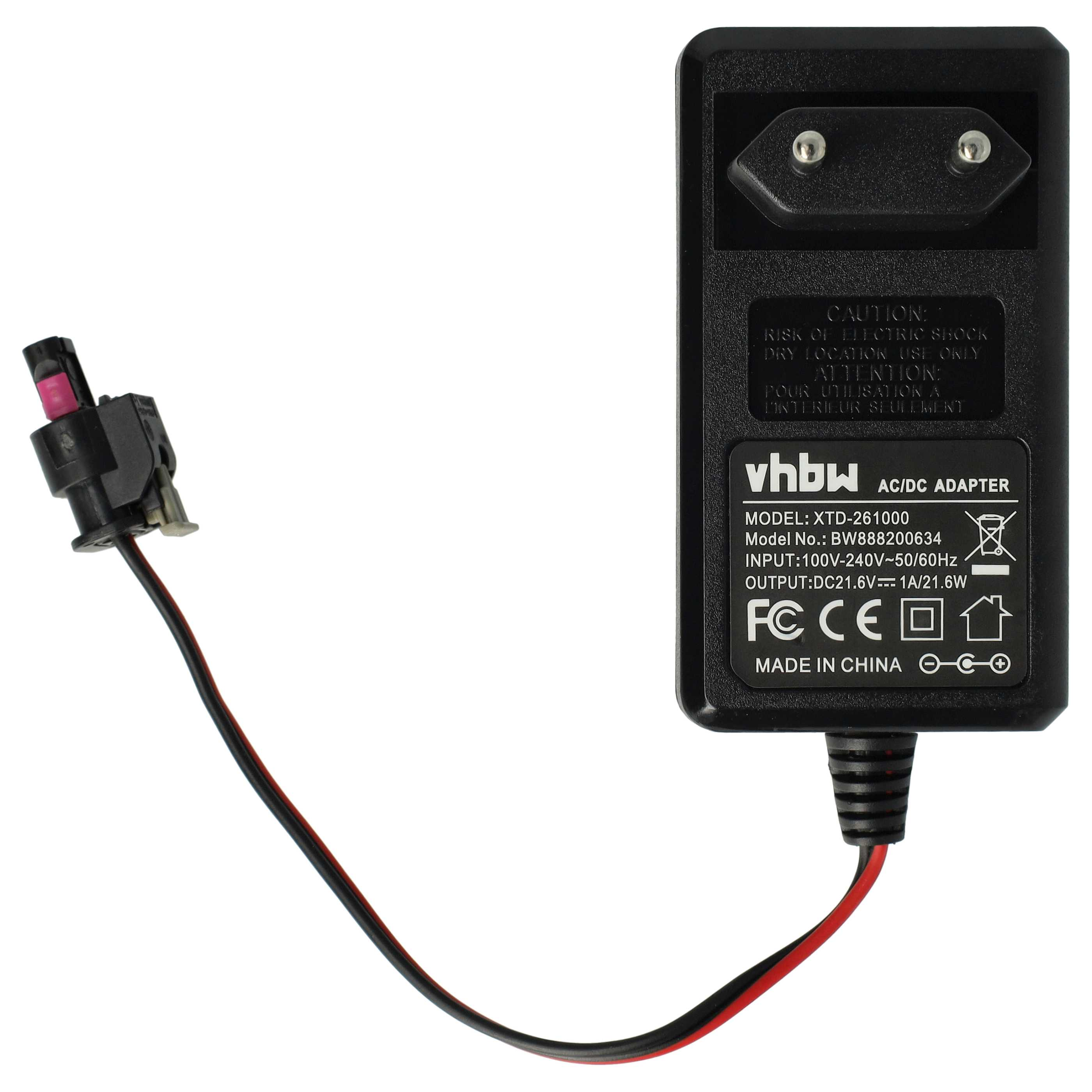 Schwarzes AC/DC-Netzteil mit Stecker und Kabel. Der Adapter hat Text und einen Anschluss.
