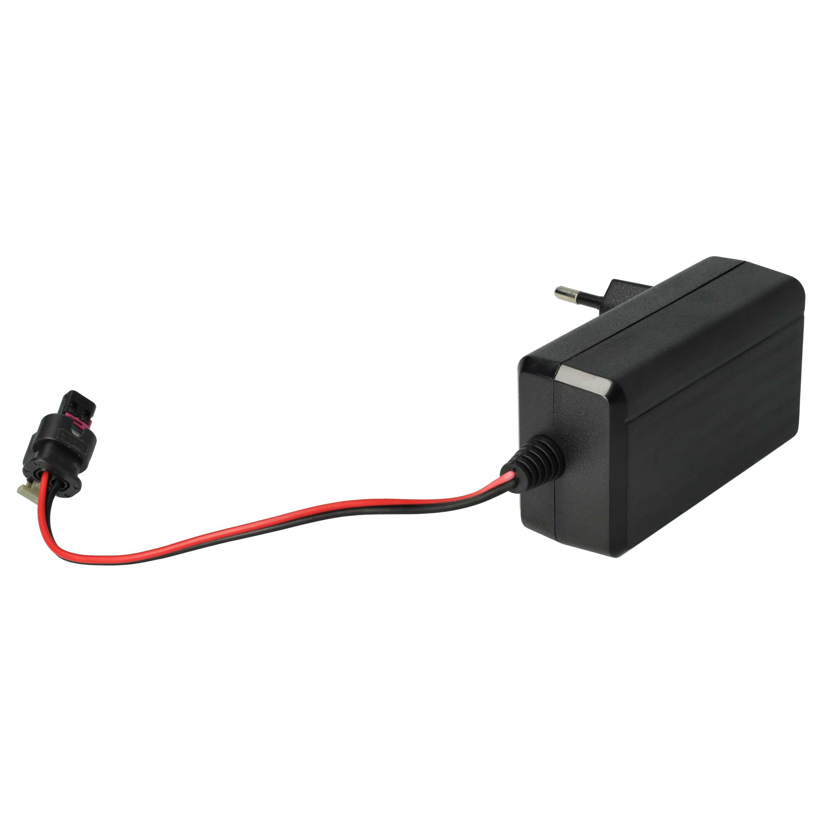 Schwarzer Netzadapter mit Stecker, schwarz-rote Kabel und Stecker auf weißem Hintergrund.