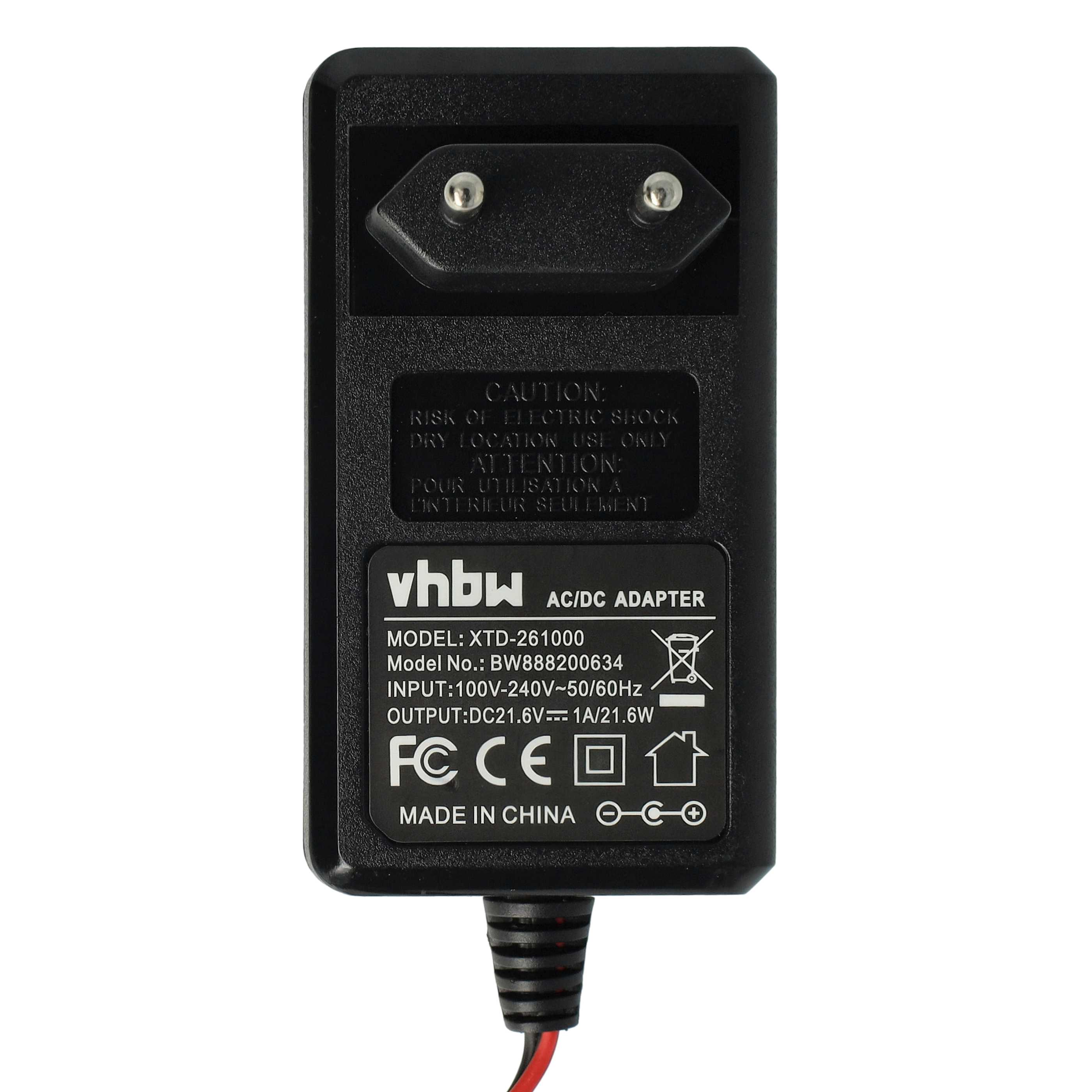 Schwarzer AC/DC-Adapter mit Zweipolstecker. Text enthält Warnungen und technische Daten. Hergestellt in China.