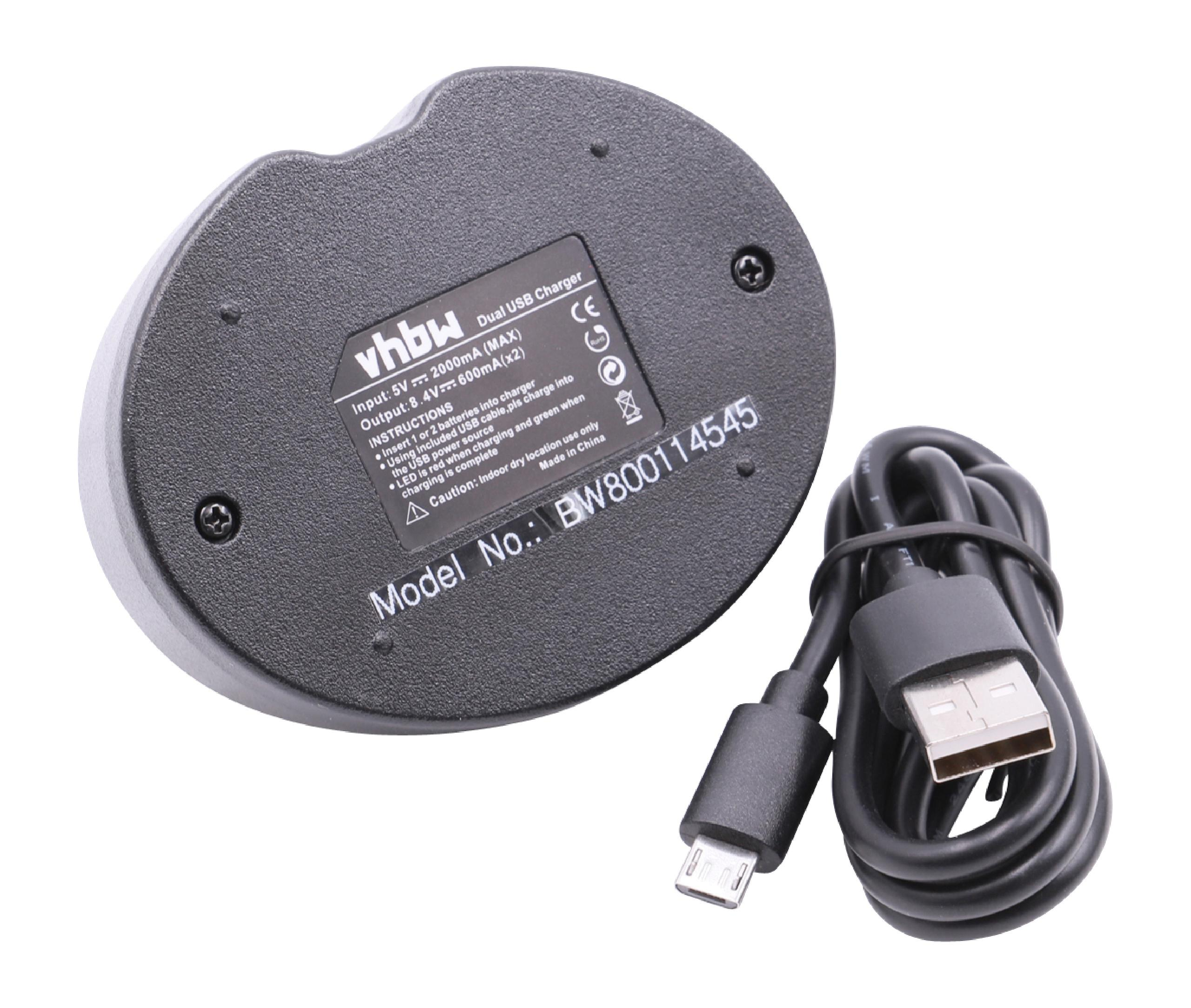 Schwarzes Dual-USB-Ladegerät mit schwarzem Kabel. Ladegerät hat Text und Modellnummer. Weißer Hintergrund.
