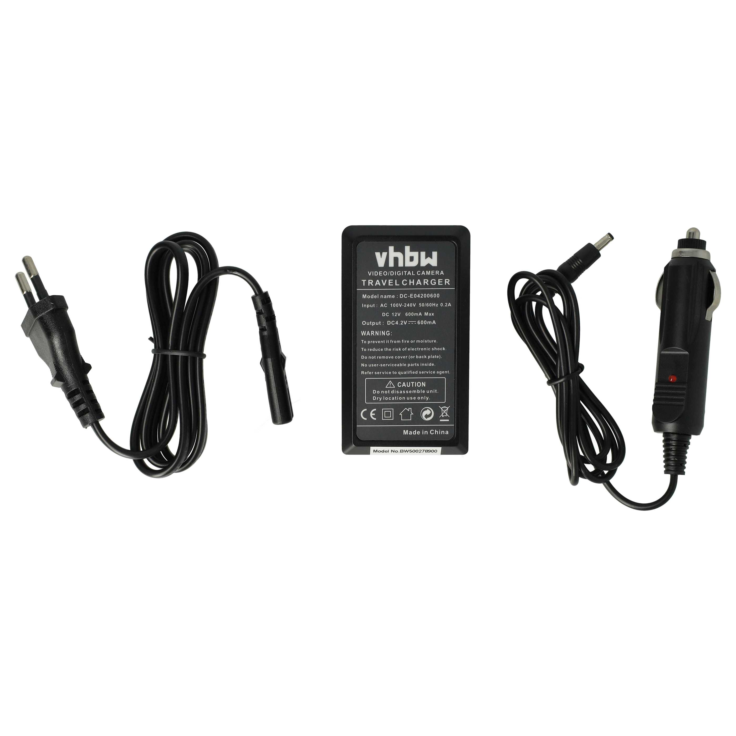 Ein schwarzes Reise Ladegerät mit mehreren Kabeln und einem Auto Adapter. Es hat ein vhbw Logo und Warnhinweise.