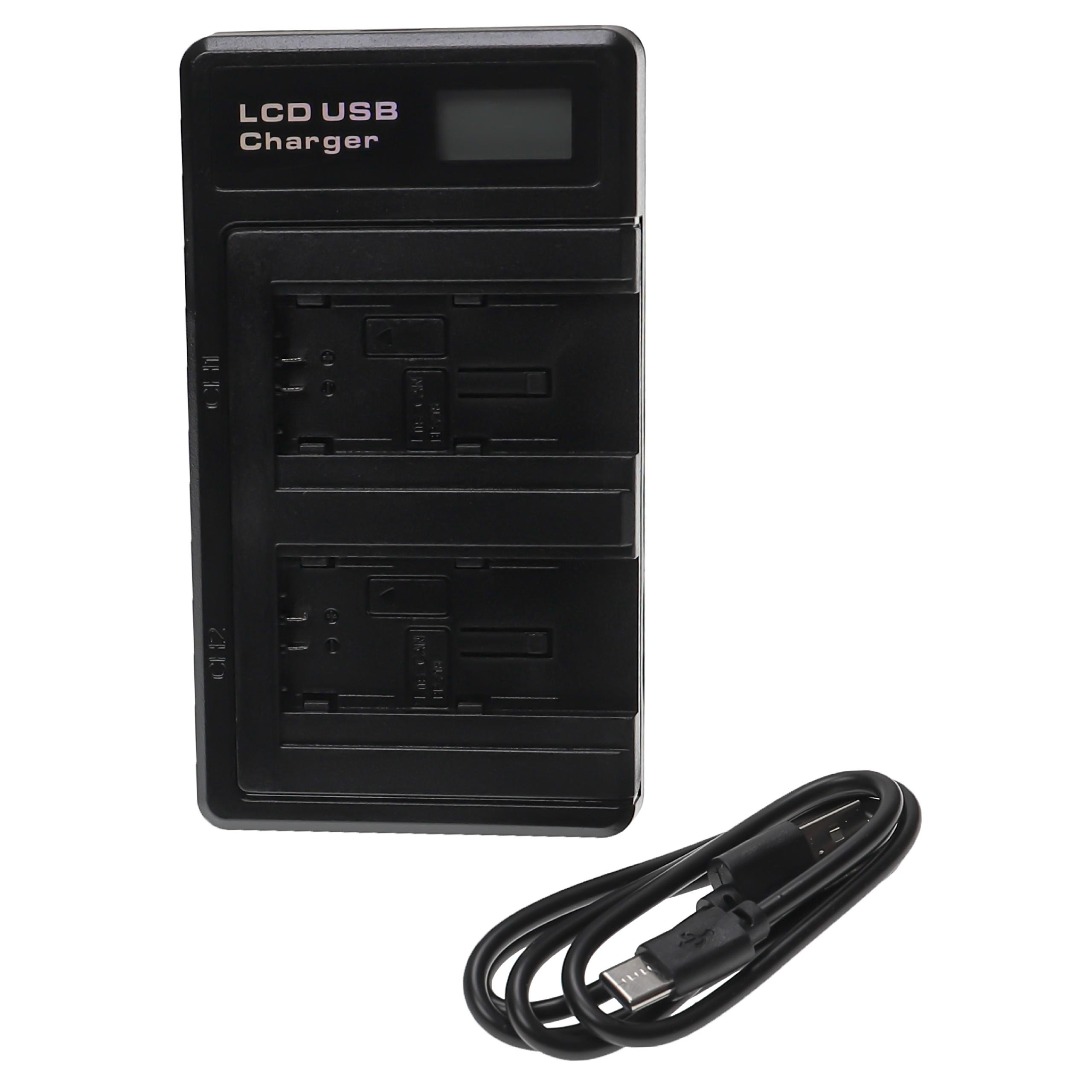 Schwarzes LCD-USB-Ladegerät mit digitaler Anzeige und Ladeschlitzen. Daneben liegt ein schwarzes USB-Kabel auf weißem Hintergrund.